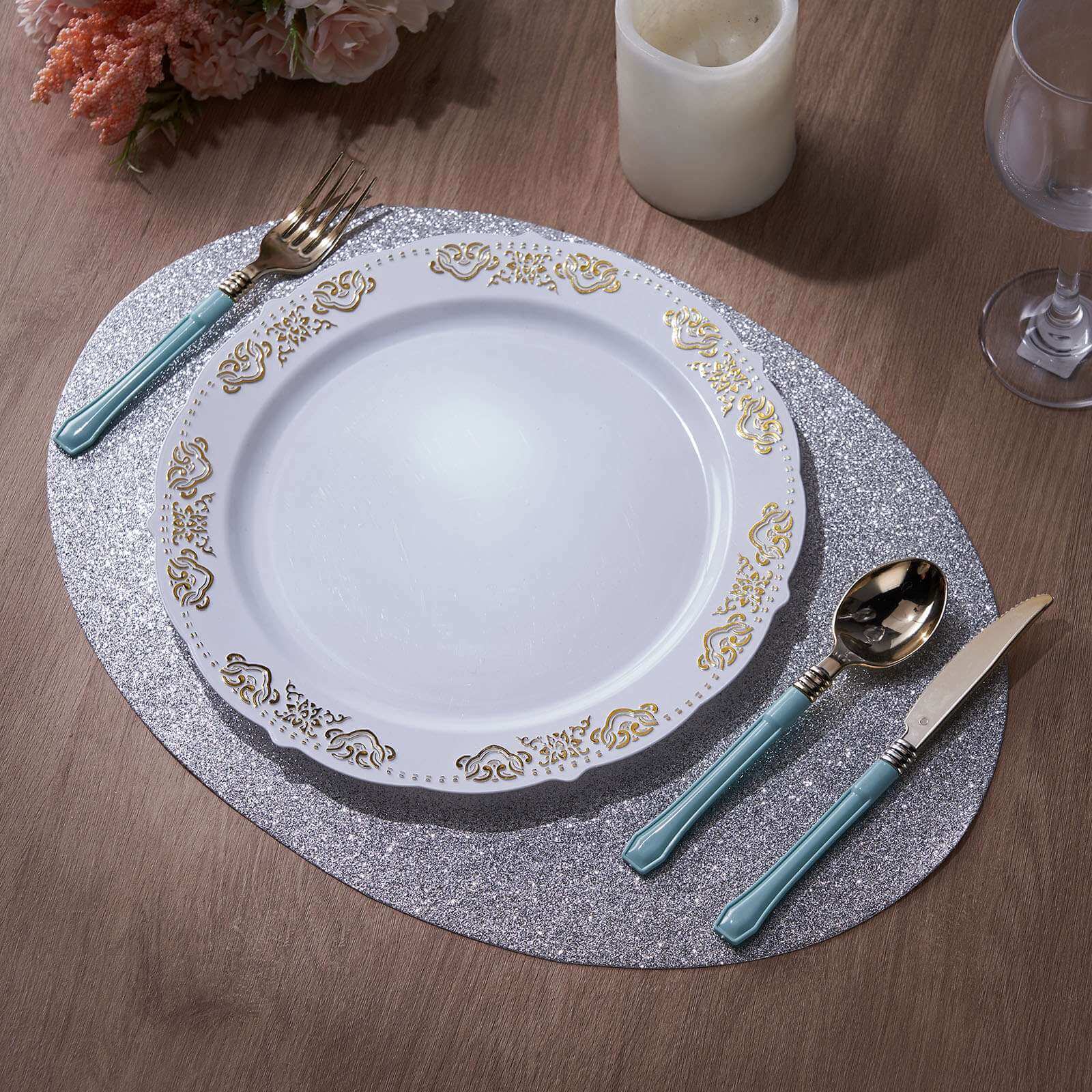 6-Pack Placemats 12"x18" Oval Glitter Design Silver Sparkle - Non-Slip Dining Table Mats - Image 16