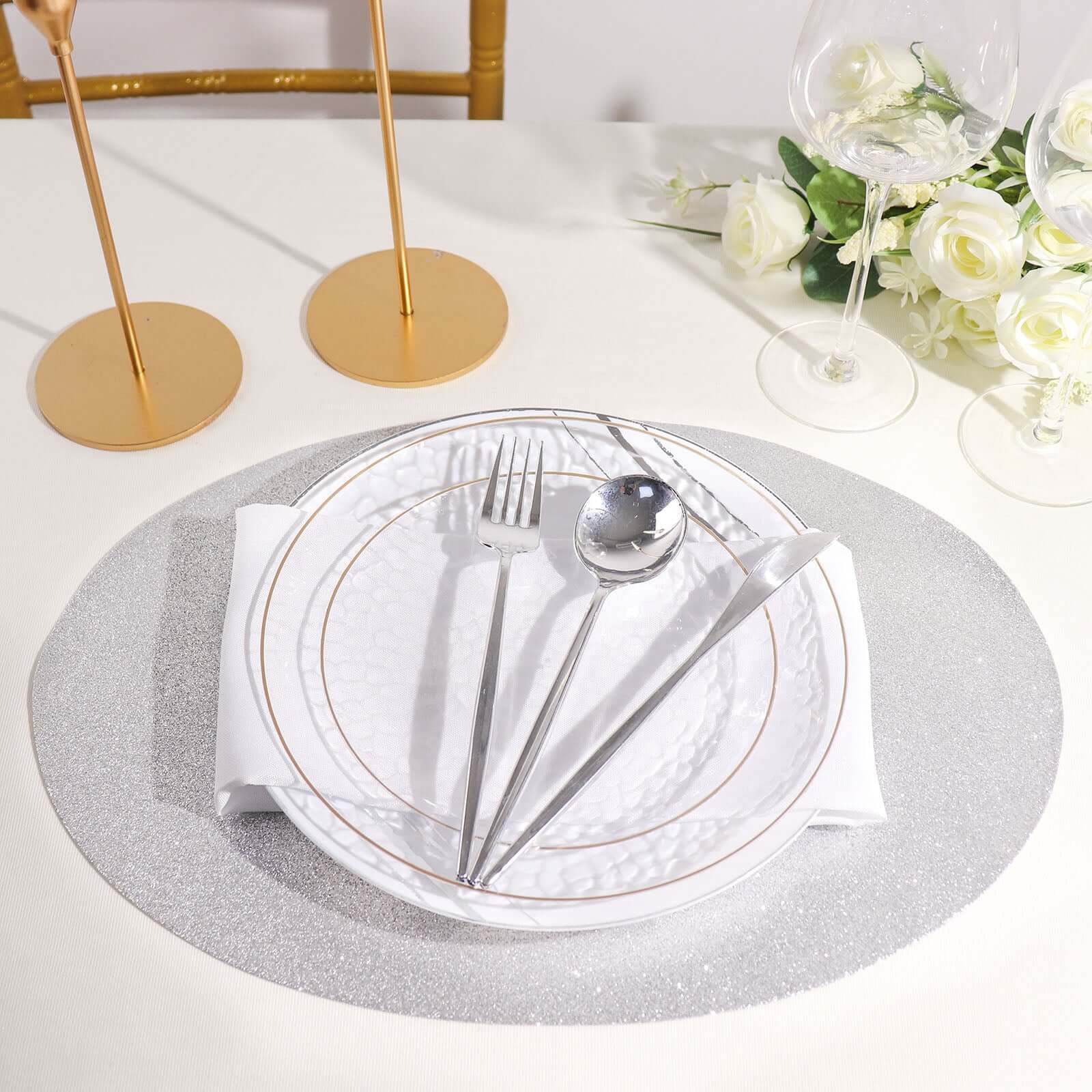 6-Pack Placemats 12"x18" Oval Glitter Design Silver Sparkle - Non-Slip Dining Table Mats - Image 6