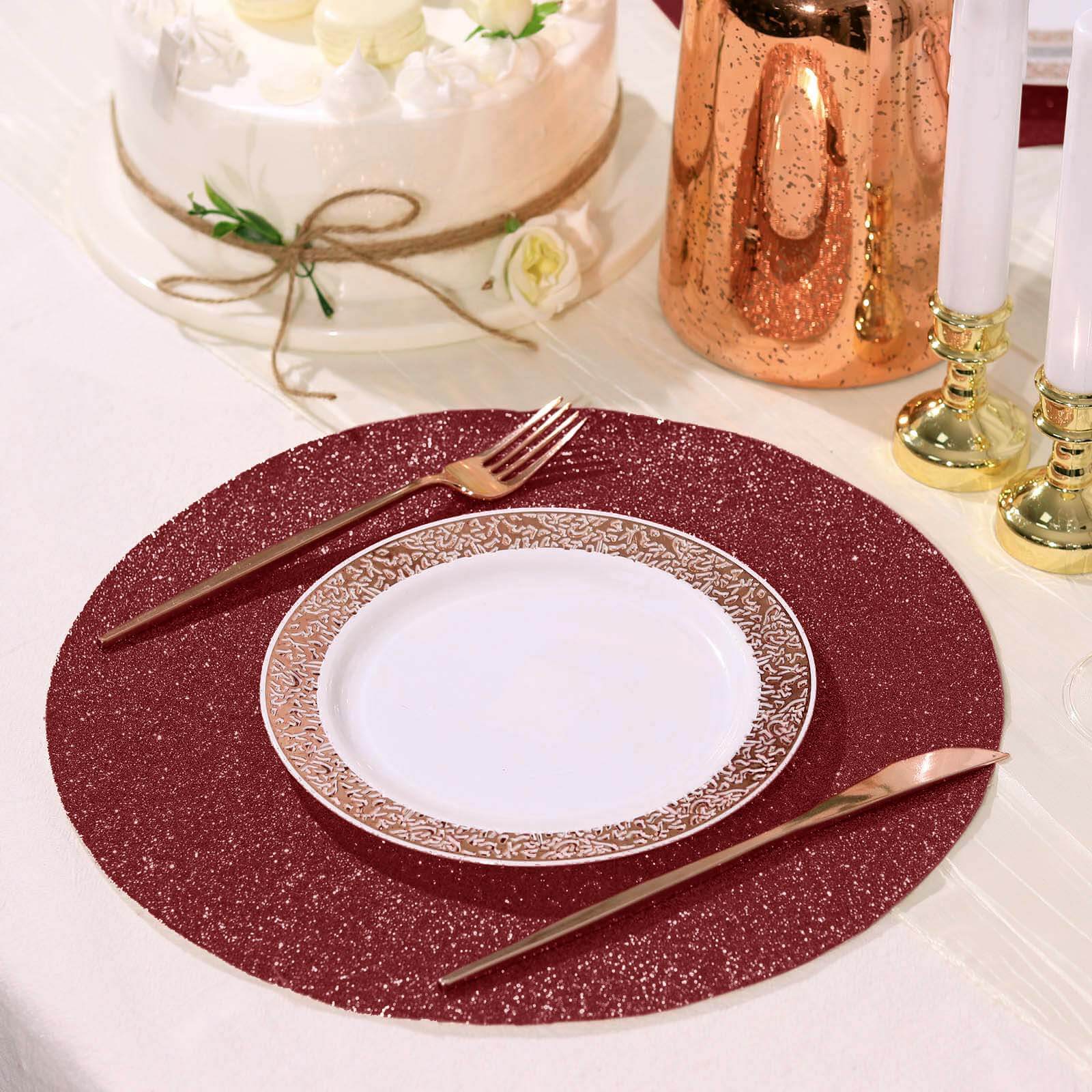 6-Pack Placemats 13" Round Glitter Design Burgundy Sparkle - Non-Slip Decorative Table Mats - Image 2