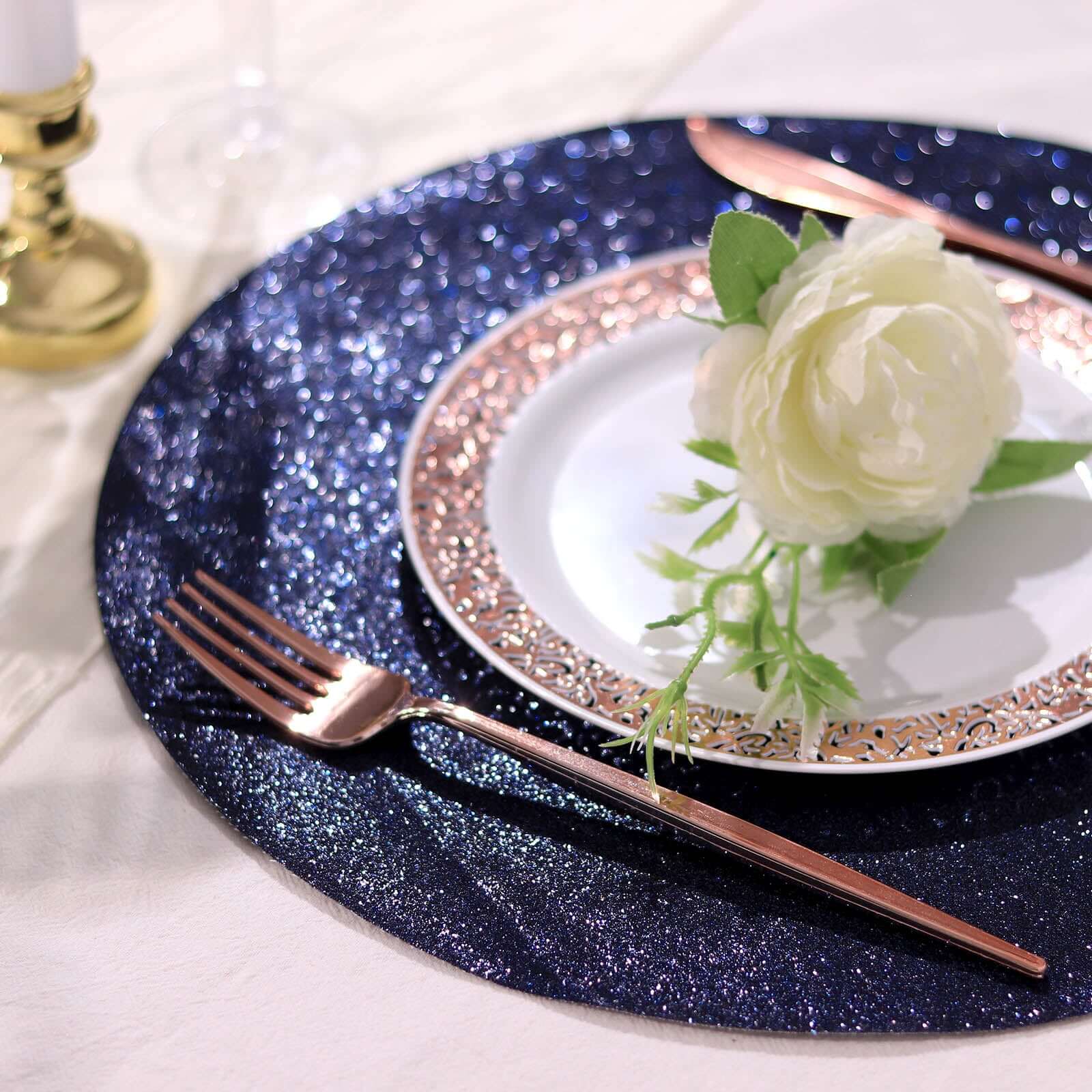 6-Pack Placemats 13" Round Glitter Design Navy Blue Sparkle - Non-Slip Decorative Table Mats - Image 2