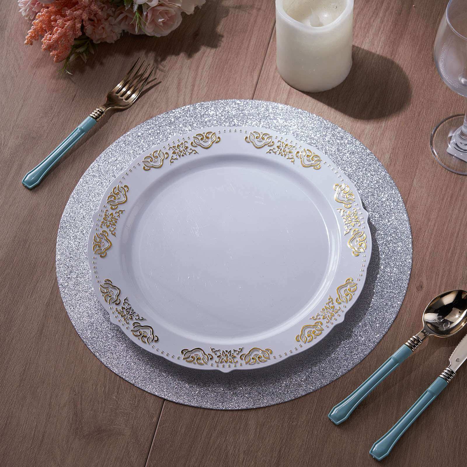 6-Pack Placemats 13" Round Glitter Design Silver Sparkle - Non-Slip Decorative Table Mats - Image 8