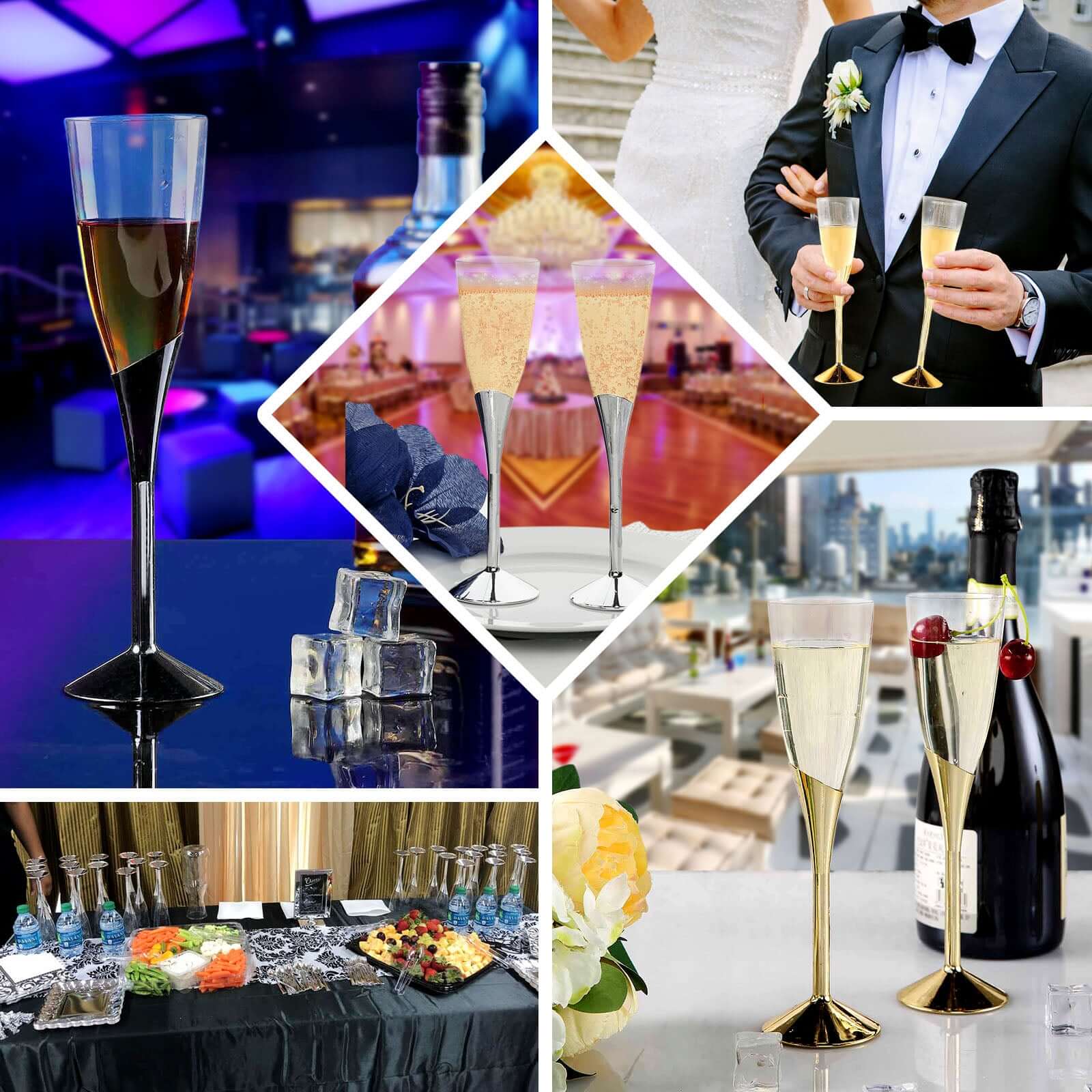 6-Pack Plastic Champagne Flutes 5oz Clear/Gold - Disposable Glasses with Detachable Base - Image 5