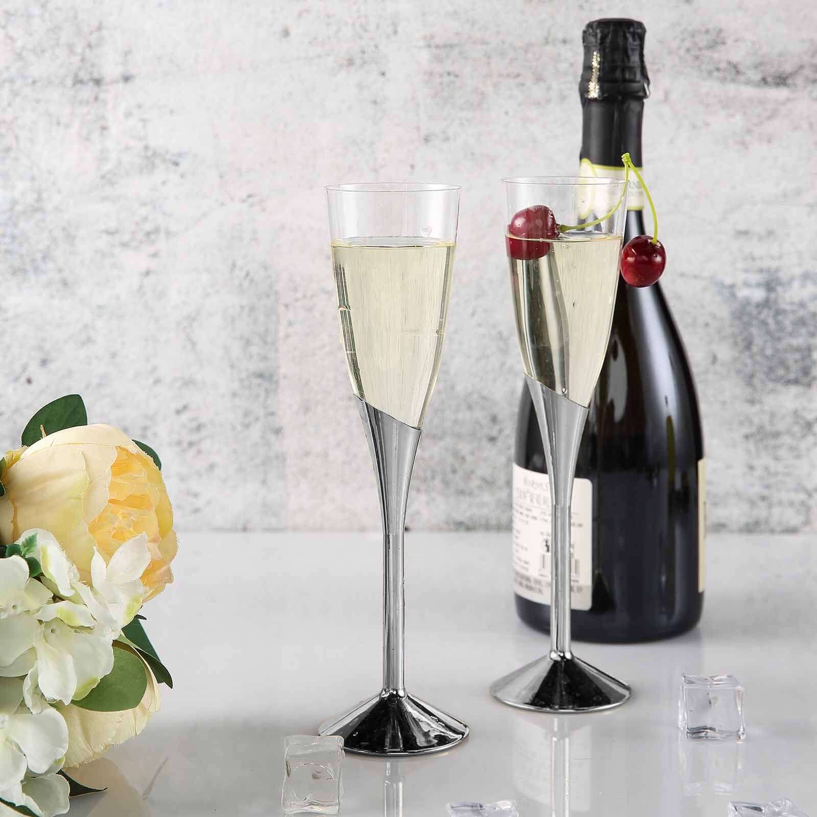6-Pack Plastic Champagne Flutes 5oz Clear/Silver - Disposable Glasses with Detachable Base - Image 2