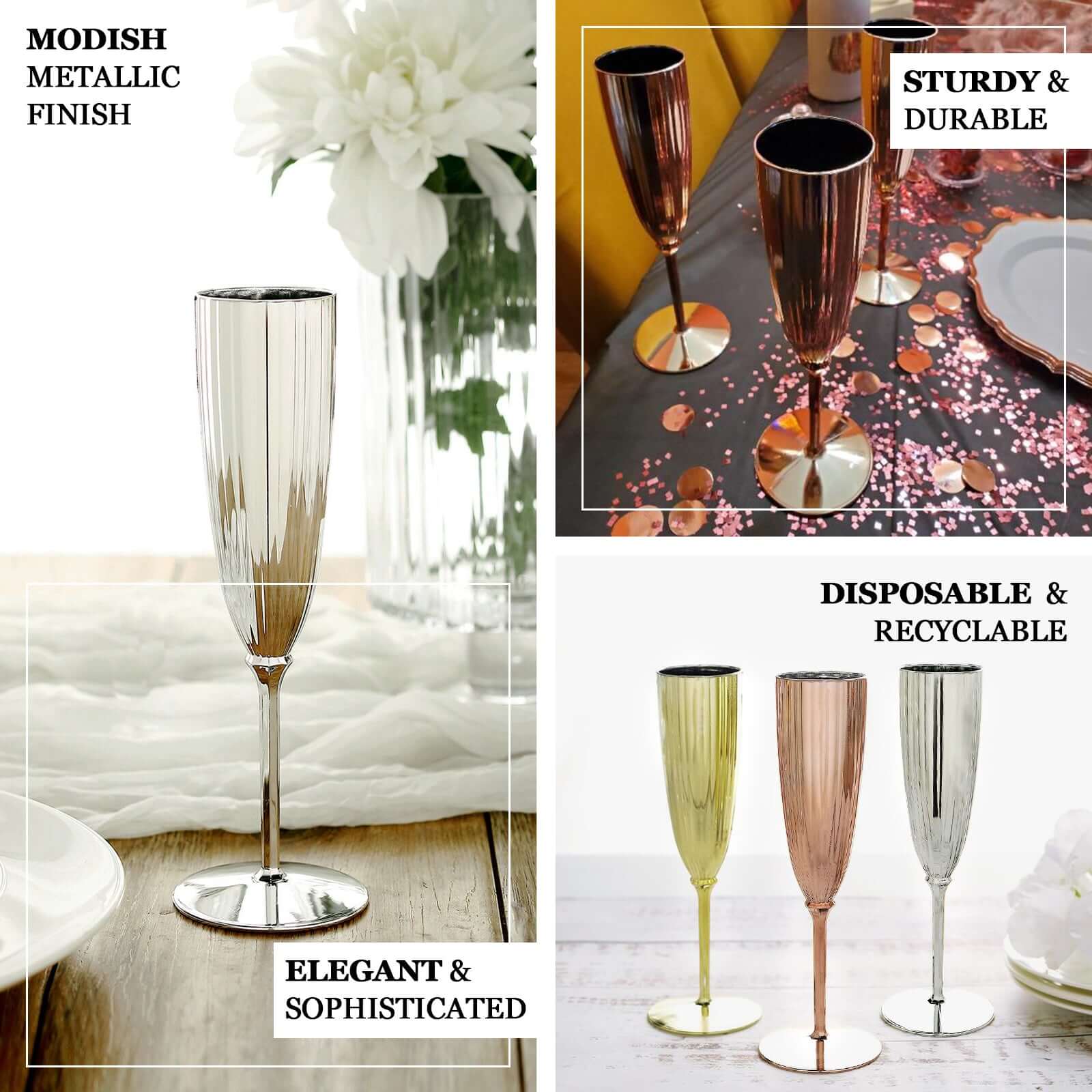 6-Pack Plastic Champagne Flutes 5oz Metallic Rose Gold - Stylish Disposable Champagne Glasses for Cocktail Parties & Receptions - Image 4