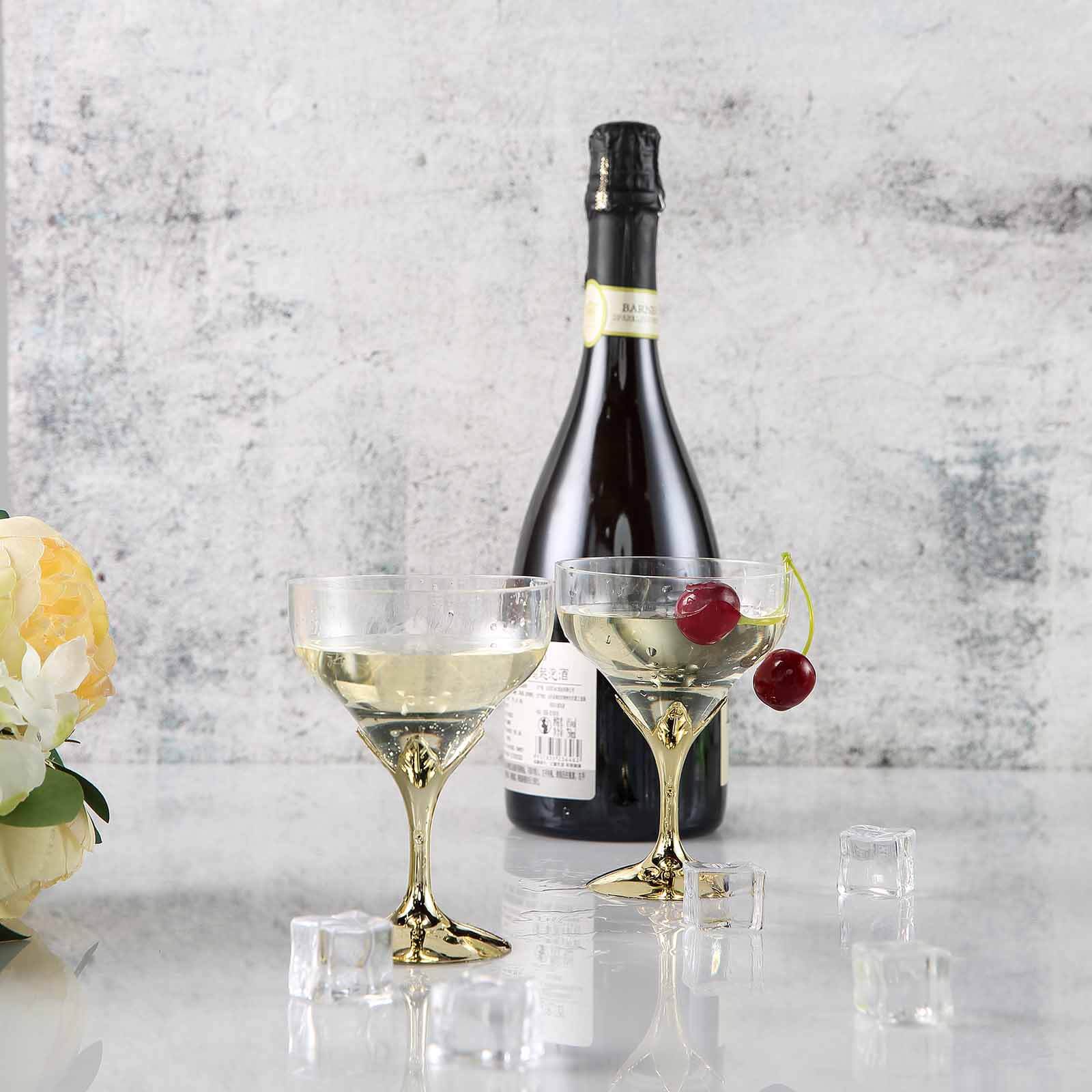 6-Pack Plastic Champagne Glasses 5oz Gold Hard Material - Disposable Wine Goblets with Detachable Cups