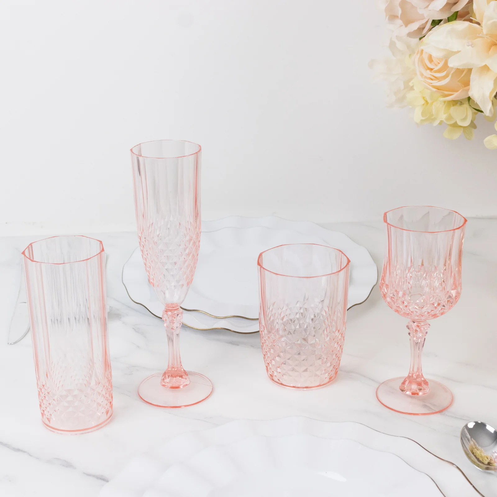 6-Pack Plastic Champagne Glasses 8oz, Crystal Cut Style Transparent Blush - Shatterproof Wedding Toast Flutes - Image 7