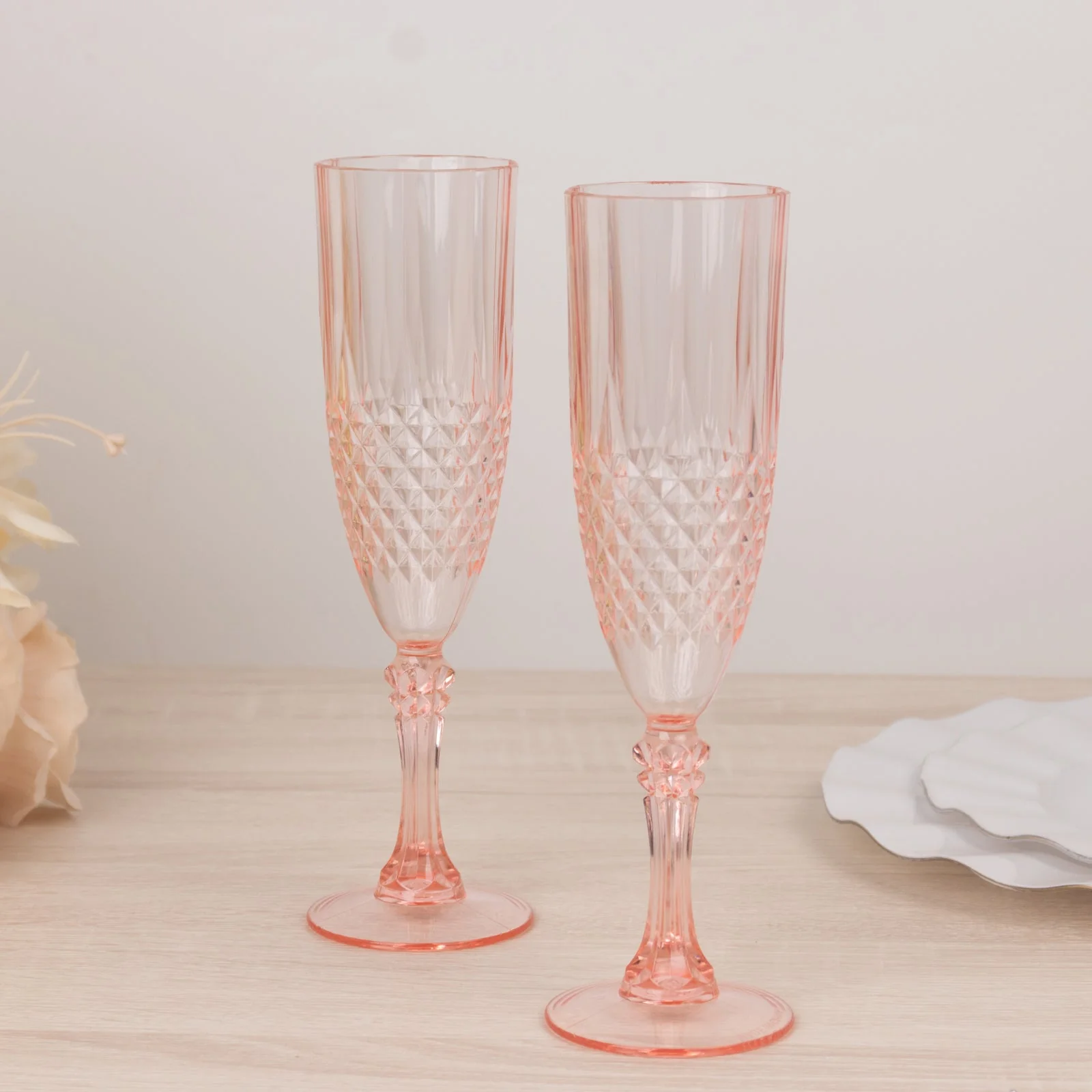 6-Pack Plastic Champagne Glasses 8oz, Crystal Cut Style Transparent Blush - Shatterproof Wedding Toast Flutes - Image 9