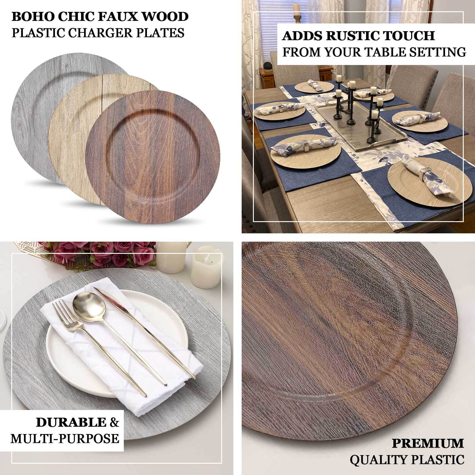 6-Pack Plastic Charger Plates 13" Round Dark Brown with Faux Wood Finish - Rustic Boho Chic Dinner Party Charger Tableware - Image 4