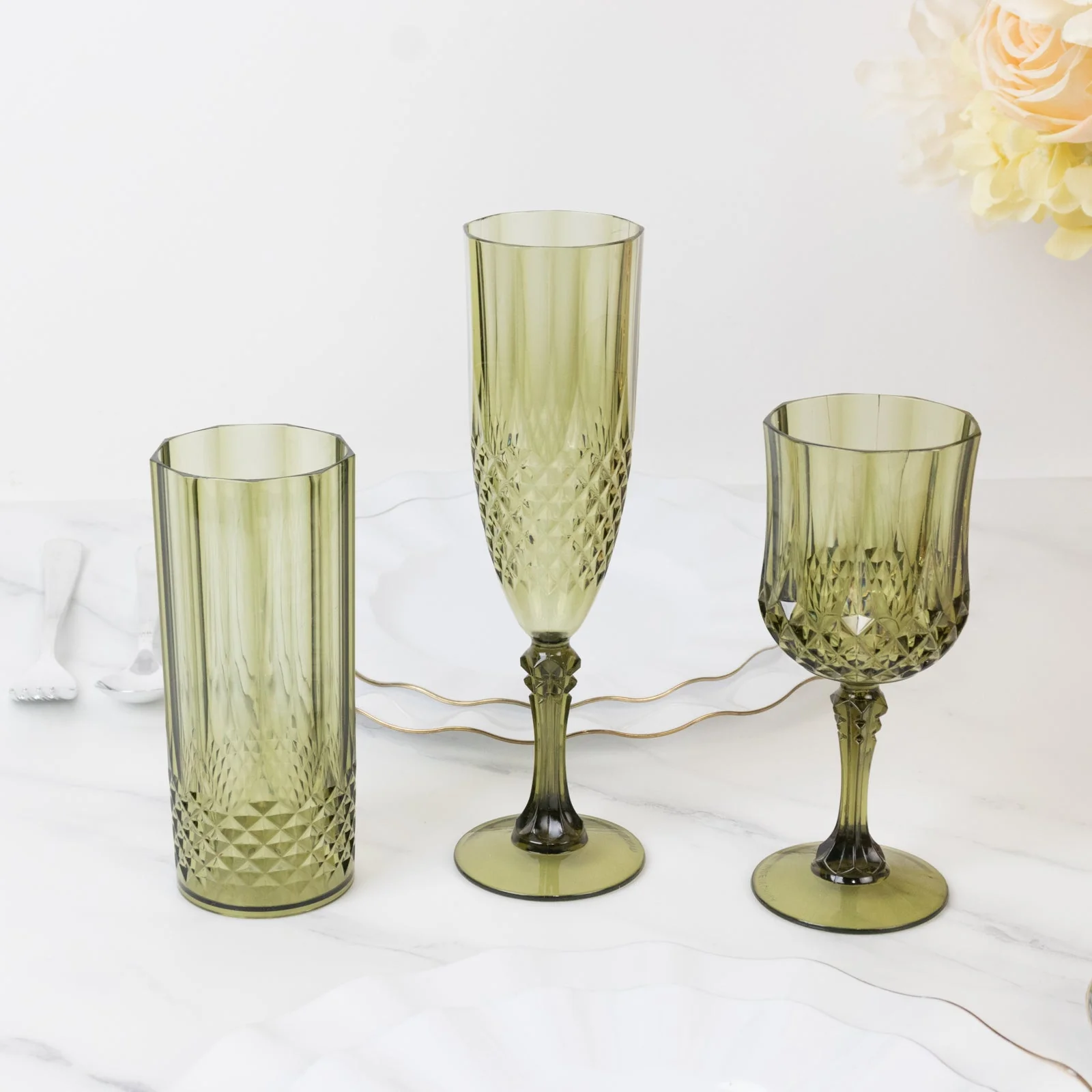 6-Pack Plastic Crystal Cut Wine Glasses 8oz, Dusty Sage Green - Shatterproof Cocktail Goblets - Image 7