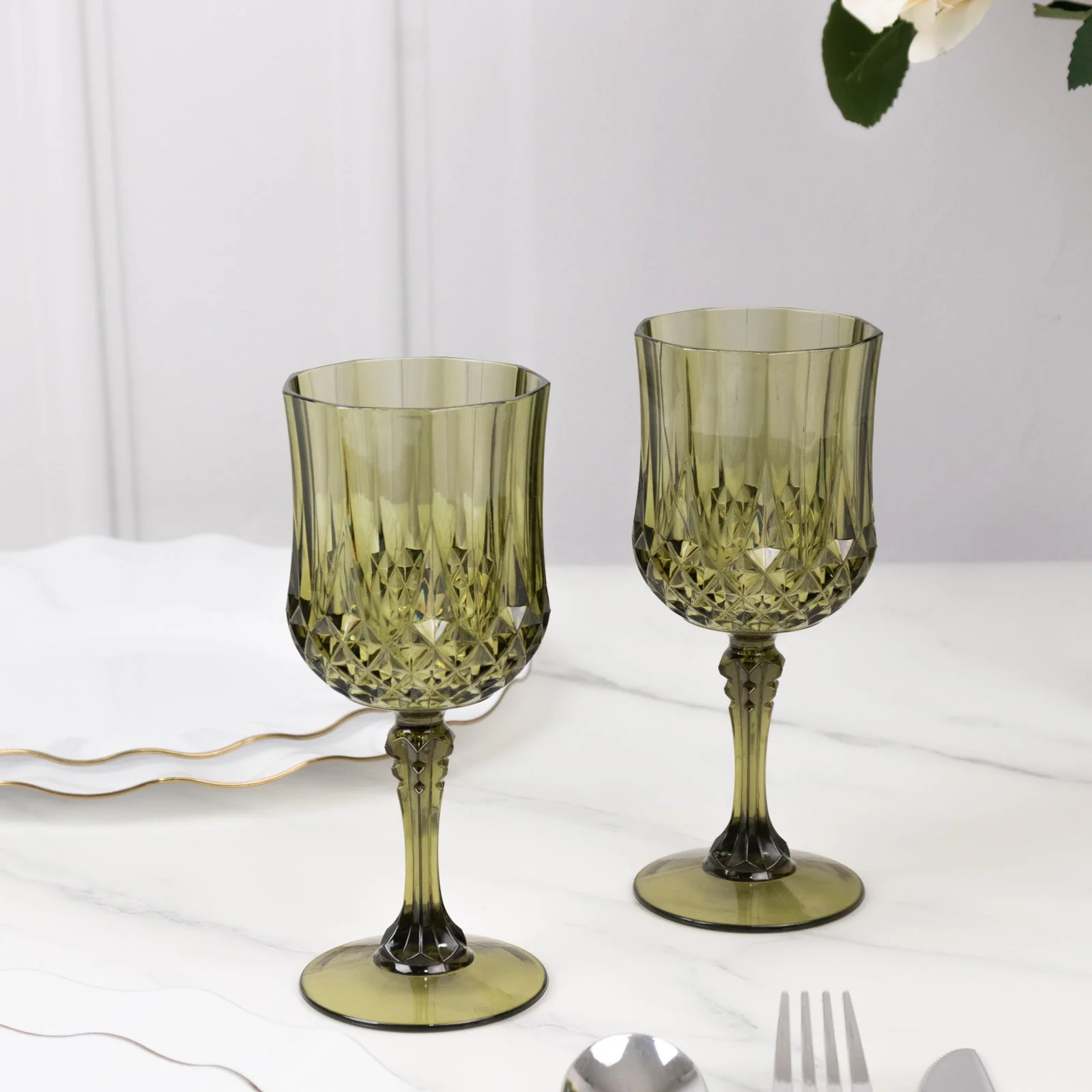 6-Pack Plastic Crystal Cut Wine Glasses 8oz, Dusty Sage Green - Shatterproof Cocktail Goblets - Image 9