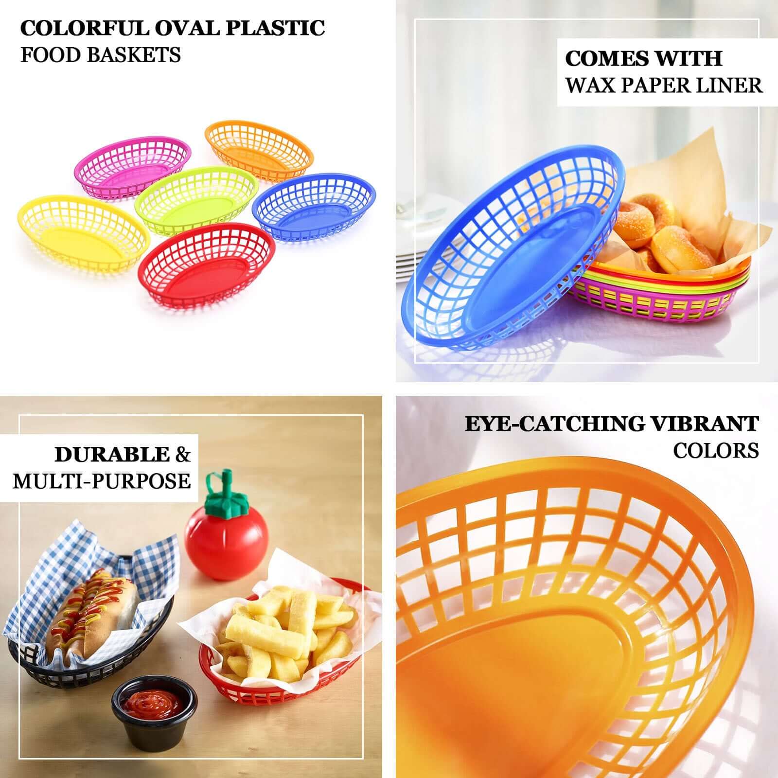 6-Pack Plastic Food Baskets with 50 Wax Paper Liners - Colorful Individual Deli Serving Oval Tray Baskets - Image 4