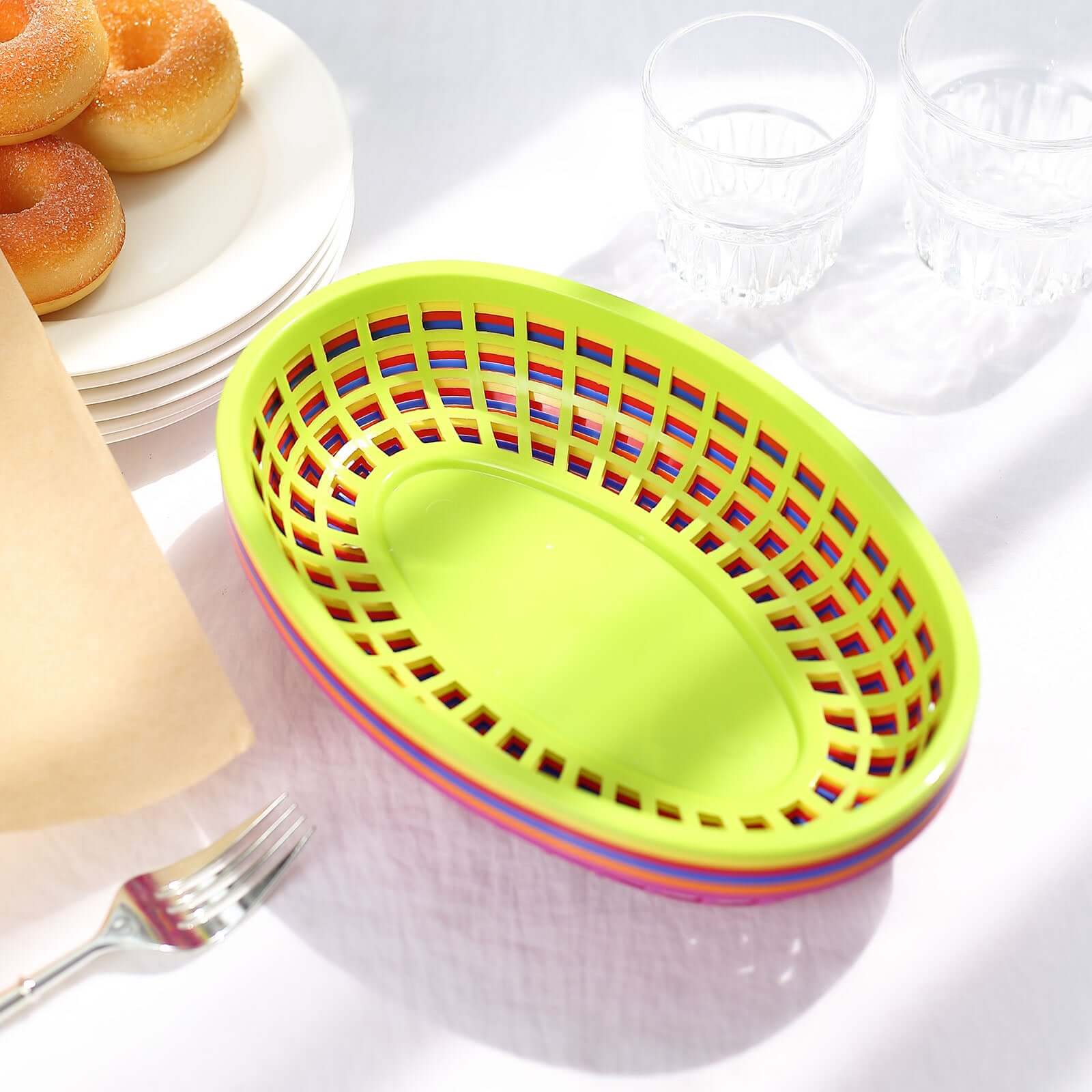 6-Pack Plastic Food Baskets with 50 Wax Paper Liners - Colorful Individual Deli Serving Oval Tray Baskets - Image 7