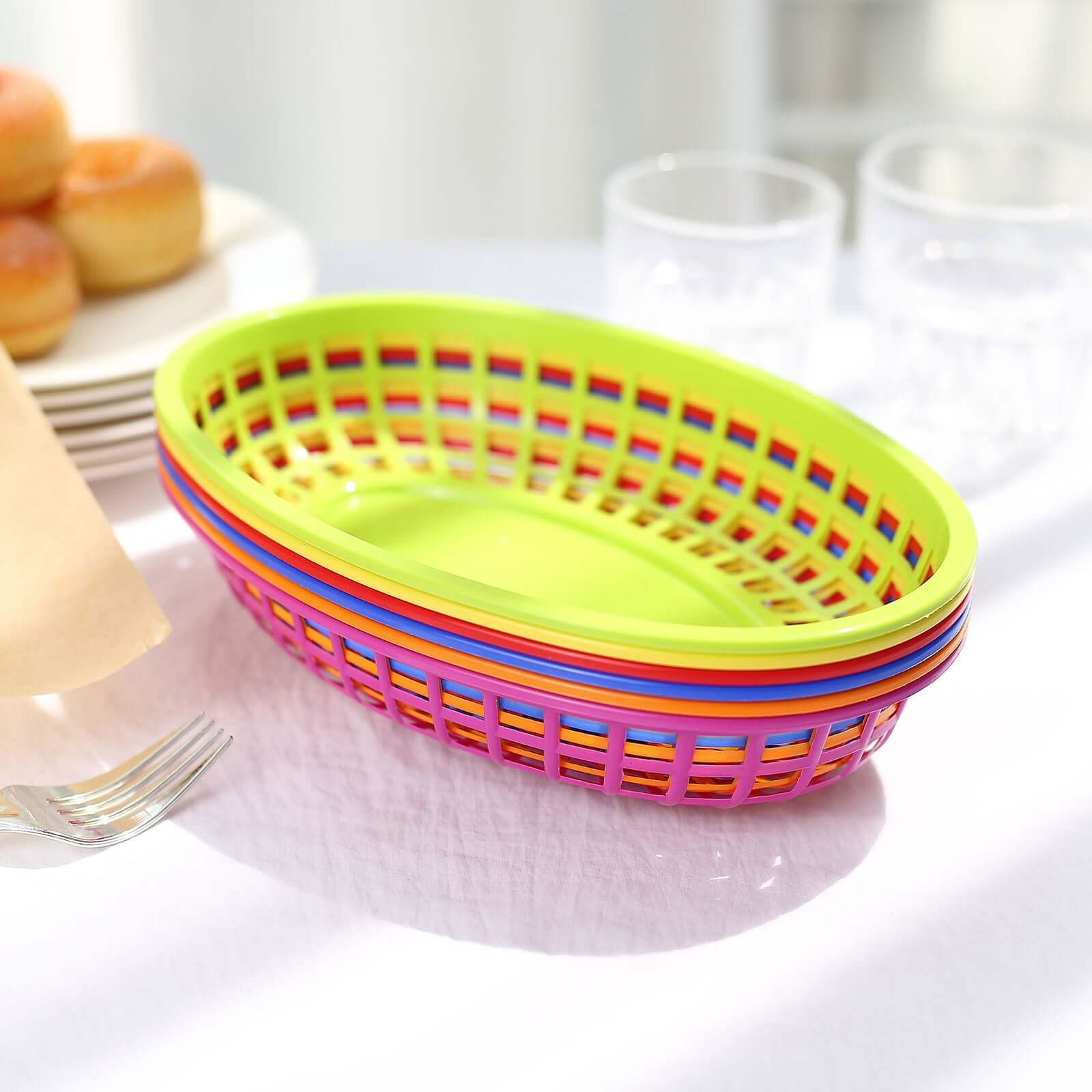 6-Pack Plastic Food Baskets with 50 Wax Paper Liners - Colorful Individual Deli Serving Oval Tray Baskets - Image 9
