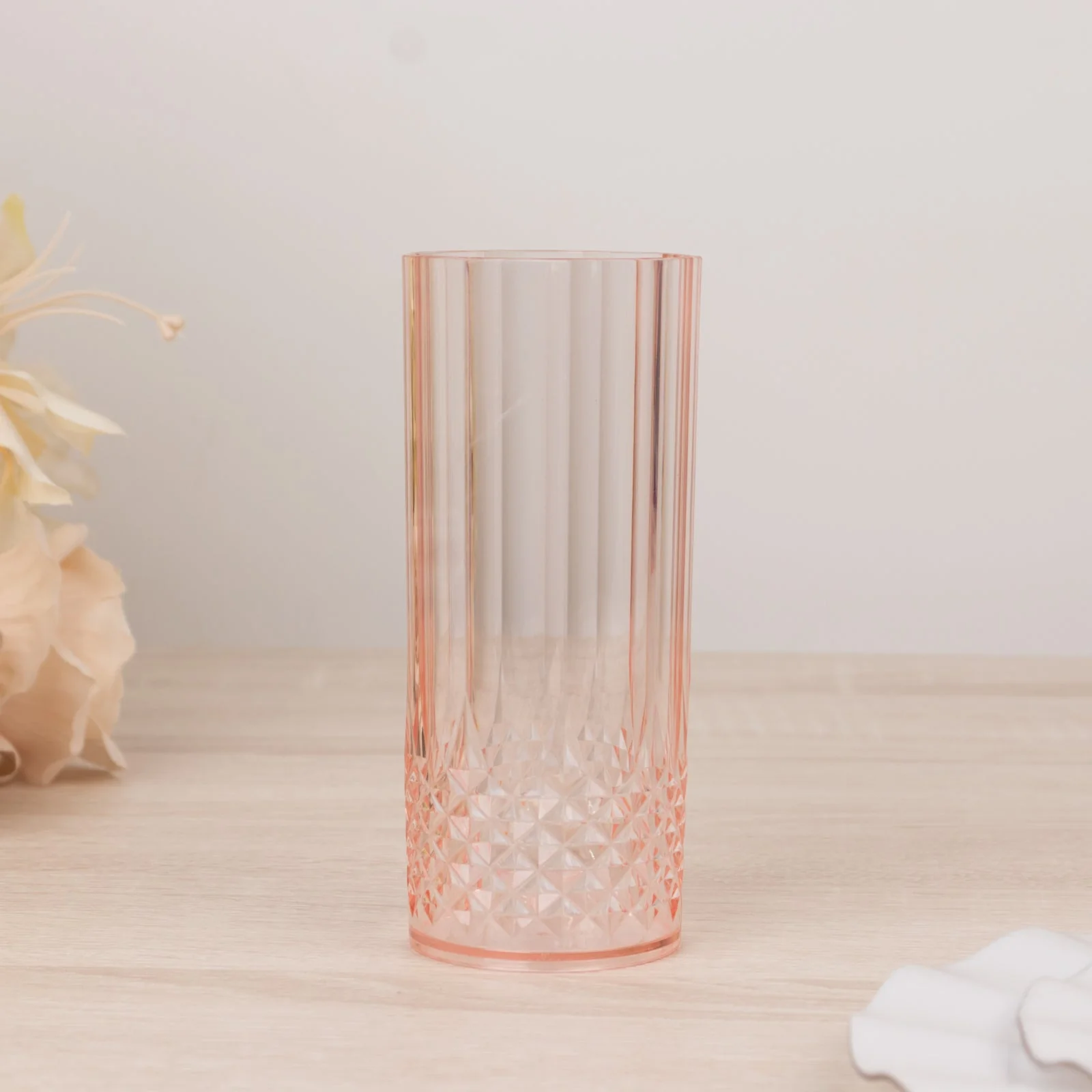6-Pack Plastic Highball Drink Glasses 14oz, Crystal Cut Style Transparent Blush - Shatterproof Tall Cocktail Tumblers