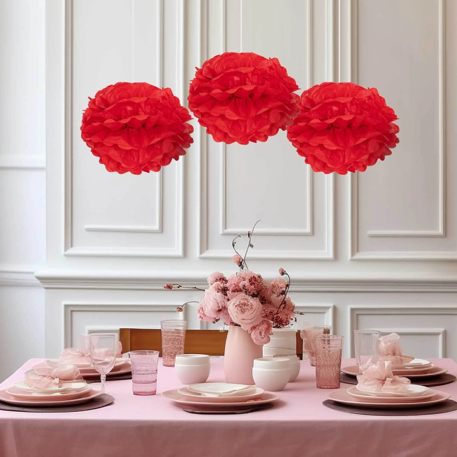 6 Pack Red Tissue Paper Pom Poms Flower Balls, Ceiling Wall Hanging Decorations - 10" - Image 9