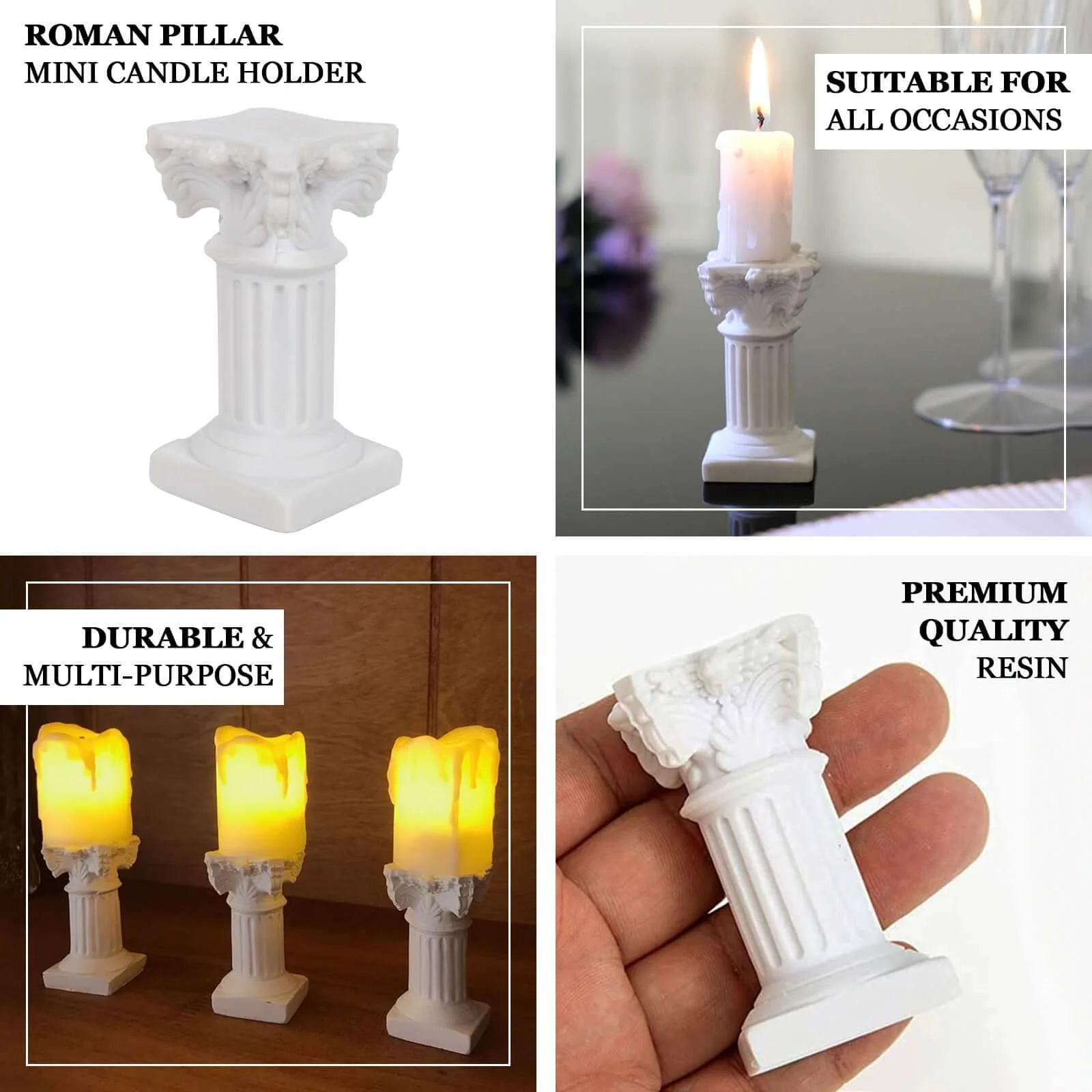 6-Pack Resin Roman Column Pillar Pedestal Candle Holders 2.5", Antique White Greek Statue Candlestick Holder Stands - Sturdy Decorative Design - Image 4