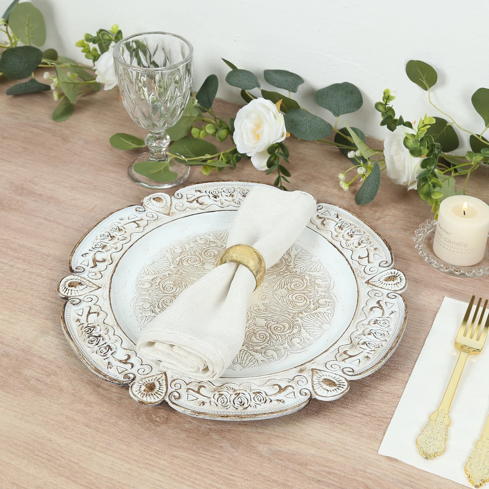 6-Pack Acrylic Charger Plates 13" Round Antique White Floral Embossed with Scalloped Rim - Plastic Decorative Charger Tableware - Image 5