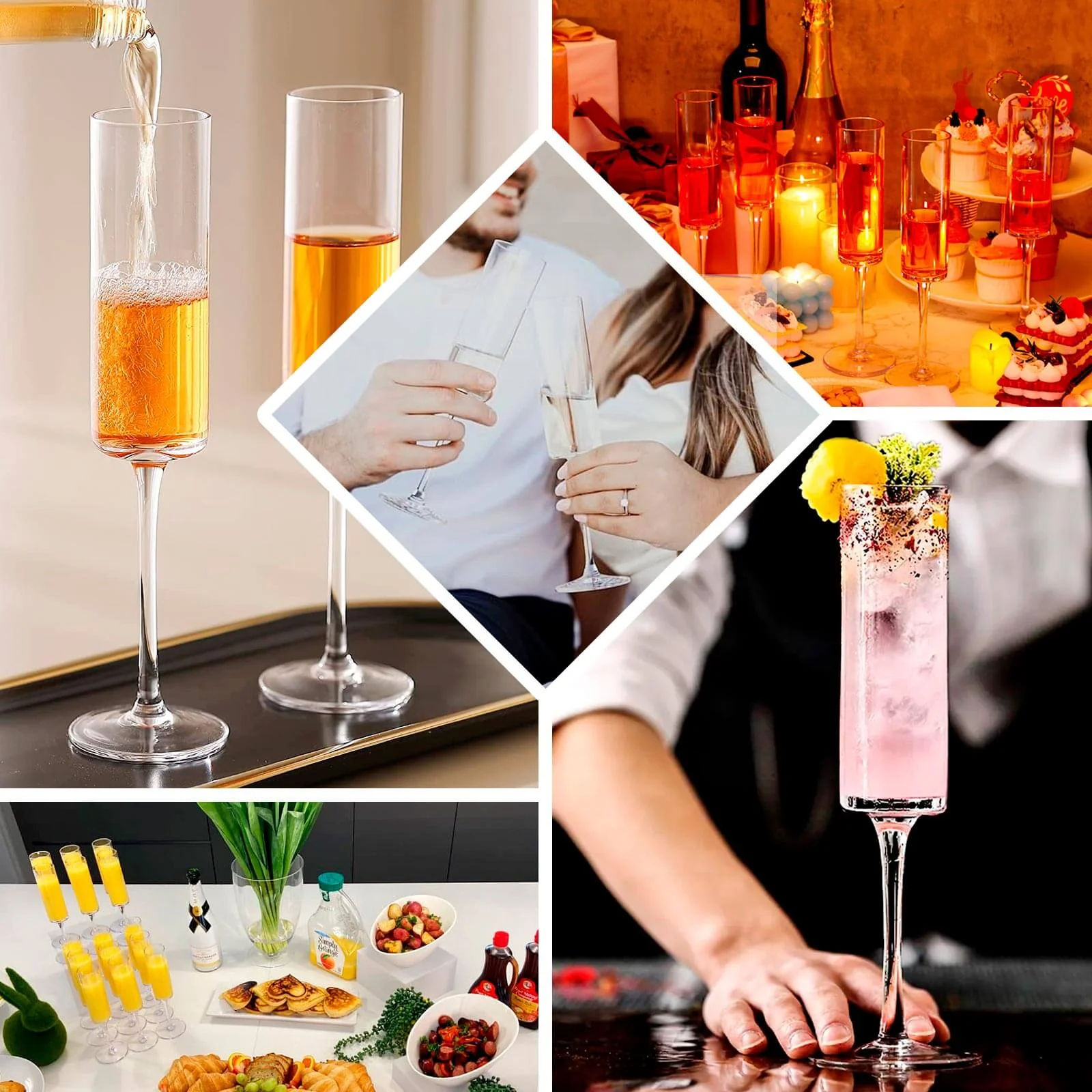 6-Pack Transparent Blush Plastic Champagne Flute Glasses 6oz, Cylindrical Shape with Long Stems - Reusable Wine Mimosa Goblets 9.5" Tall - Image 4