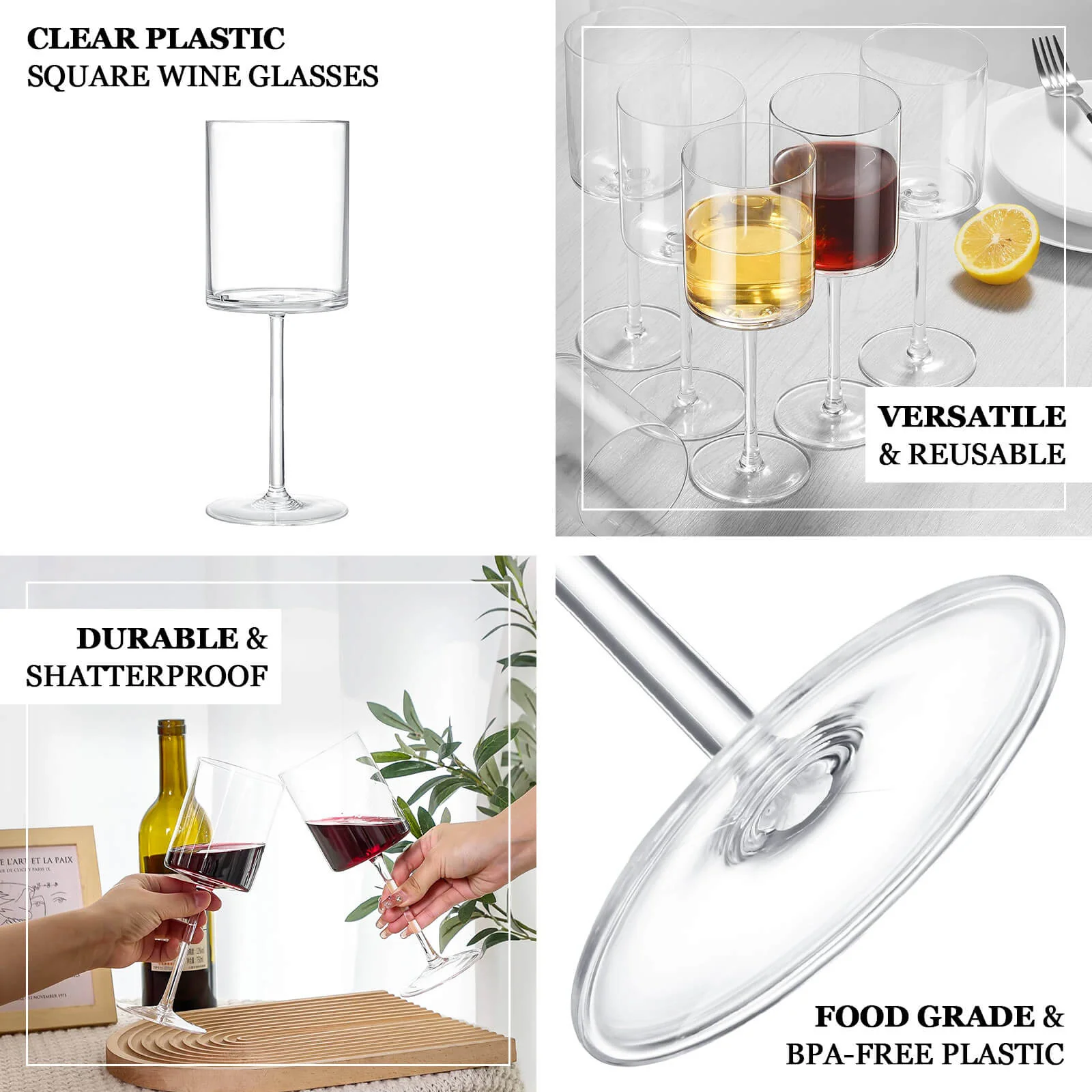6-Pack Transparent Blush Plastic Cylindrical Wine Glasses 10oz, Long Stem - Shatterproof Reusable Cocktail Glasses - Image 4