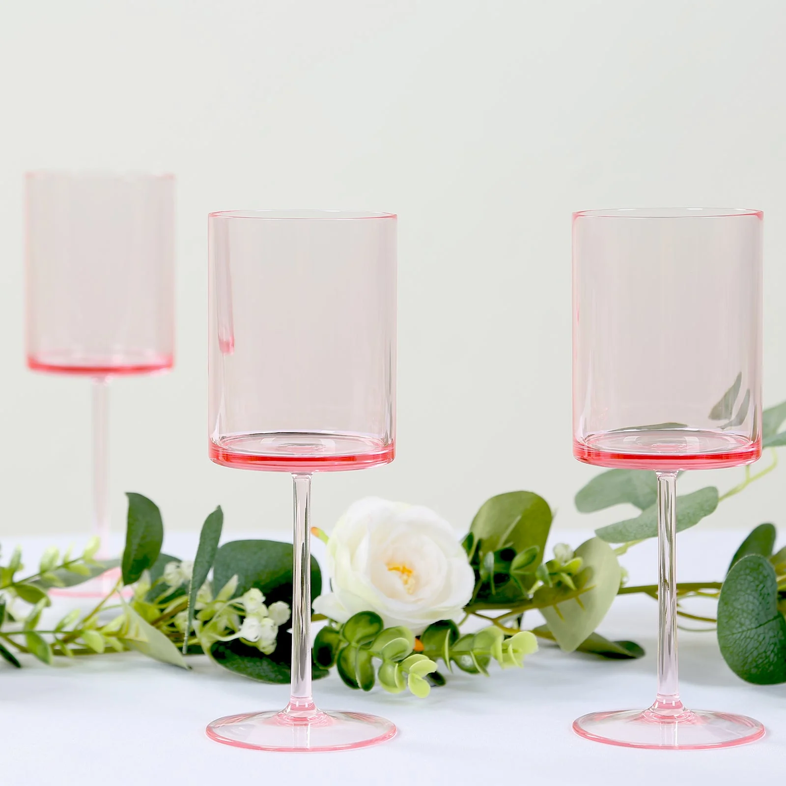 6-Pack Transparent Blush Plastic Cylindrical Wine Glasses 10oz, Long Stem - Shatterproof Reusable Cocktail Glasses - Image 7