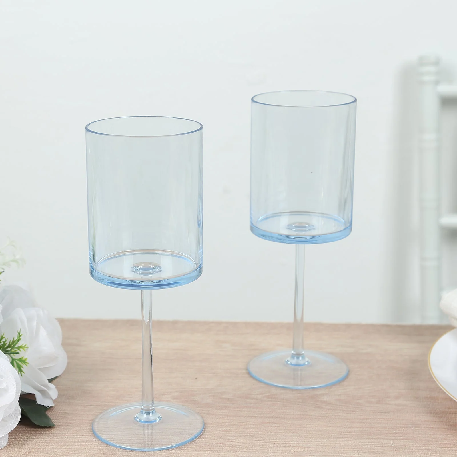 6-Pack Transparent Dusty Blue Plastic Cylindrical Wine Glasses 10oz, Long Stem - Shatterproof Reusable Cocktail Glasses - Image 3