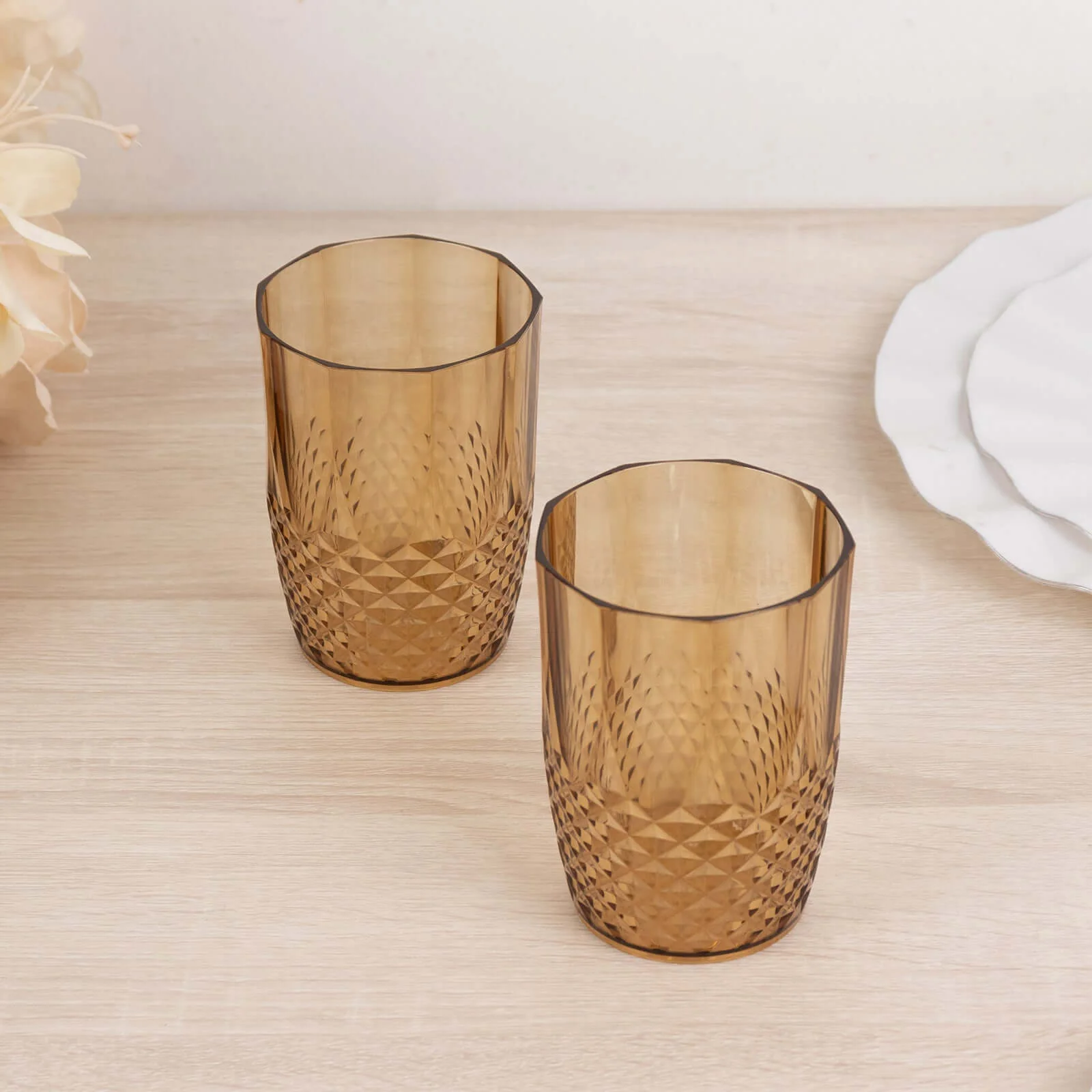6-Pack Transparent Plastic All-Purpose Cups 16oz, Crystal Cut Style Amber Gold - Shatterproof Short Tumblers - Image 2