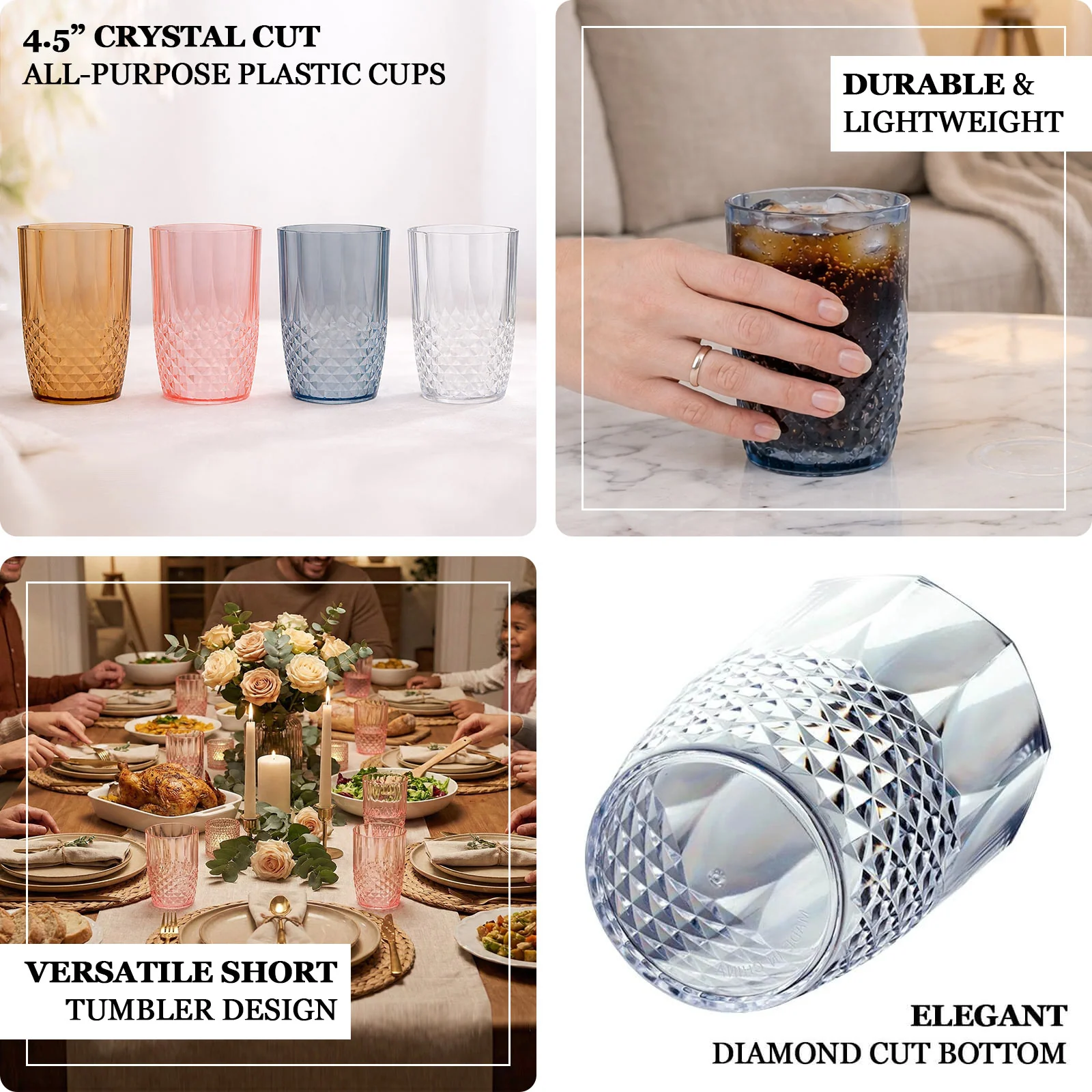 6-Pack Transparent Plastic All-Purpose Cups 16oz, Crystal Cut Style Amber Gold - Shatterproof Short Tumblers - Image 5