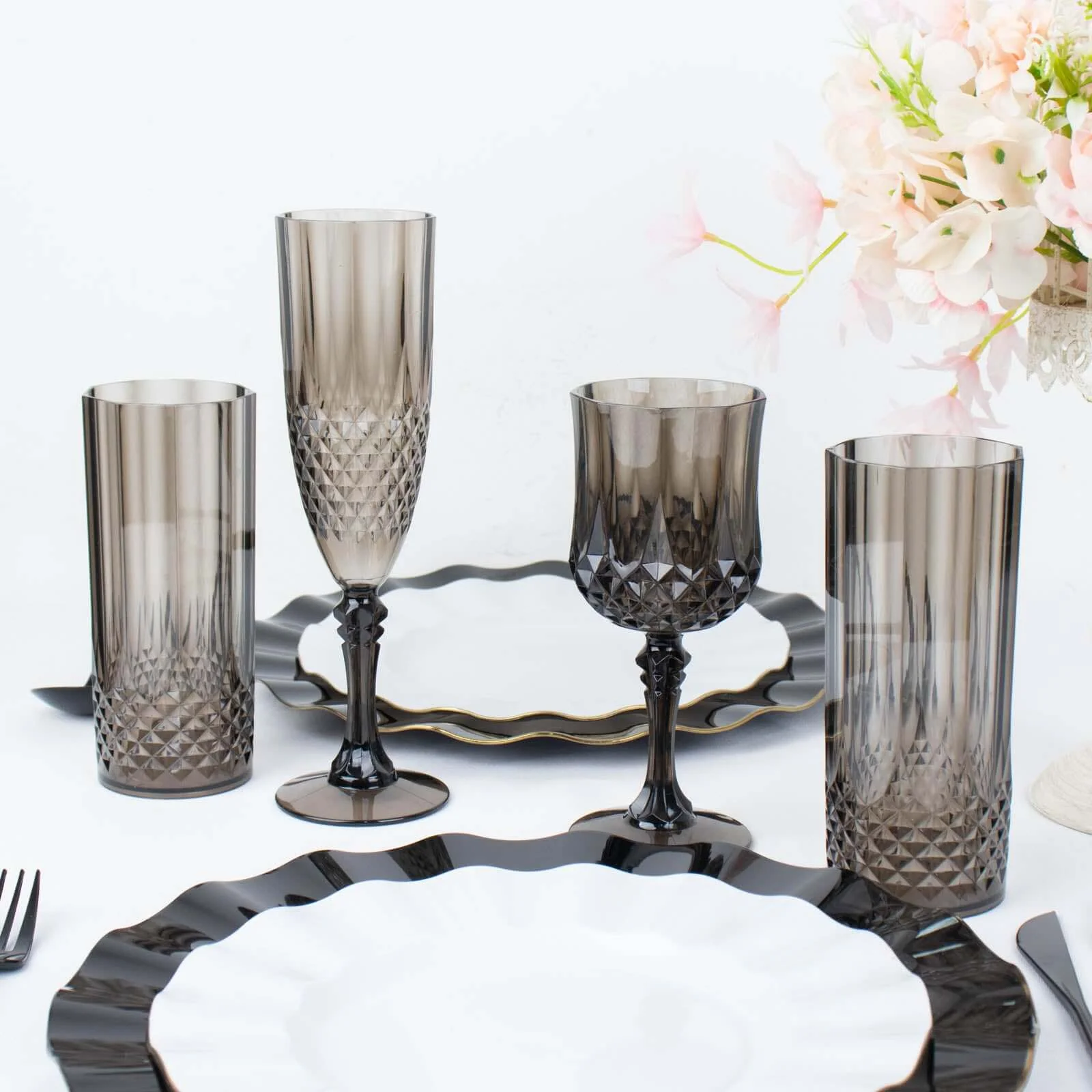 6-Pack Transparent Plastic Champagne Glasses 8oz, Crystal Cut Style Black - Shatterproof Wedding Toast Flutes - Image 2