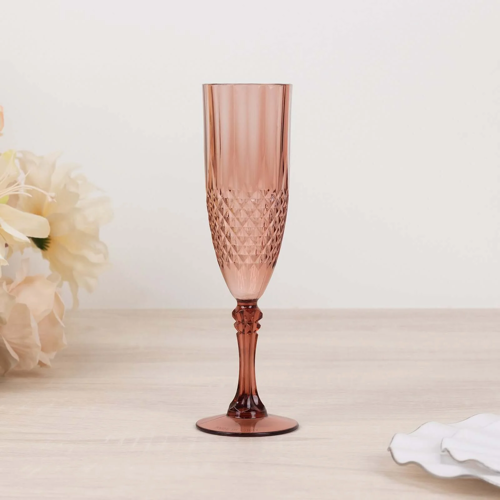 6-Pack Transparent Plastic Champagne Glasses 8oz, Crystal Cut Style Dusty Rose - Shatterproof Wedding Toast Flutes - Image 2