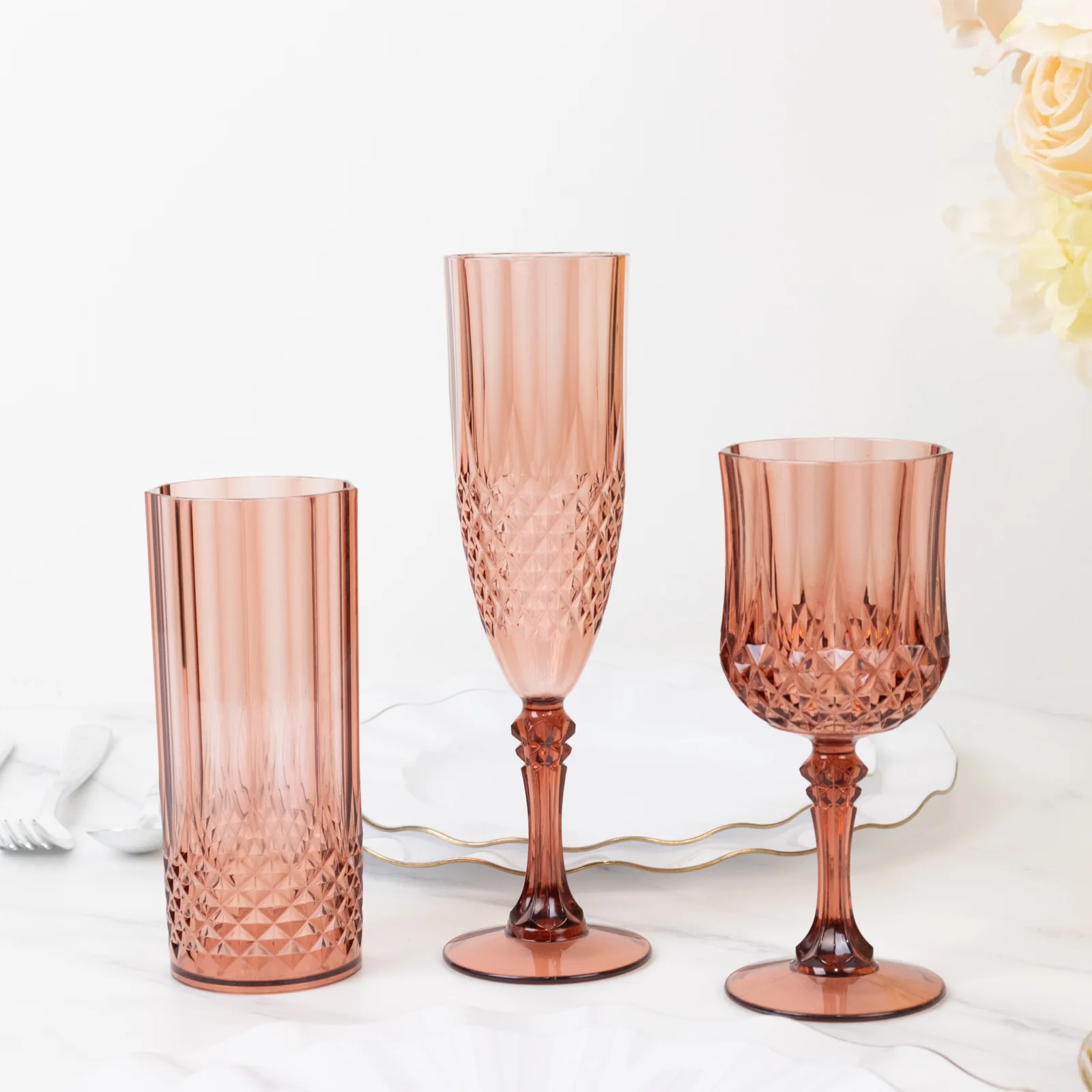 6-Pack Transparent Plastic Champagne Glasses 8oz, Crystal Cut Style Dusty Rose - Shatterproof Wedding Toast Flutes - Image 9