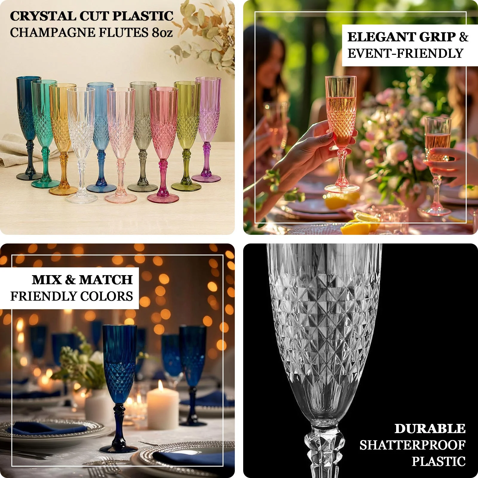 6-Pack Transparent Plastic Champagne Glasses 8oz, Crystal Cut Style Hunter Emerald Green - Shatterproof Wedding Toast Flutes - Image 5