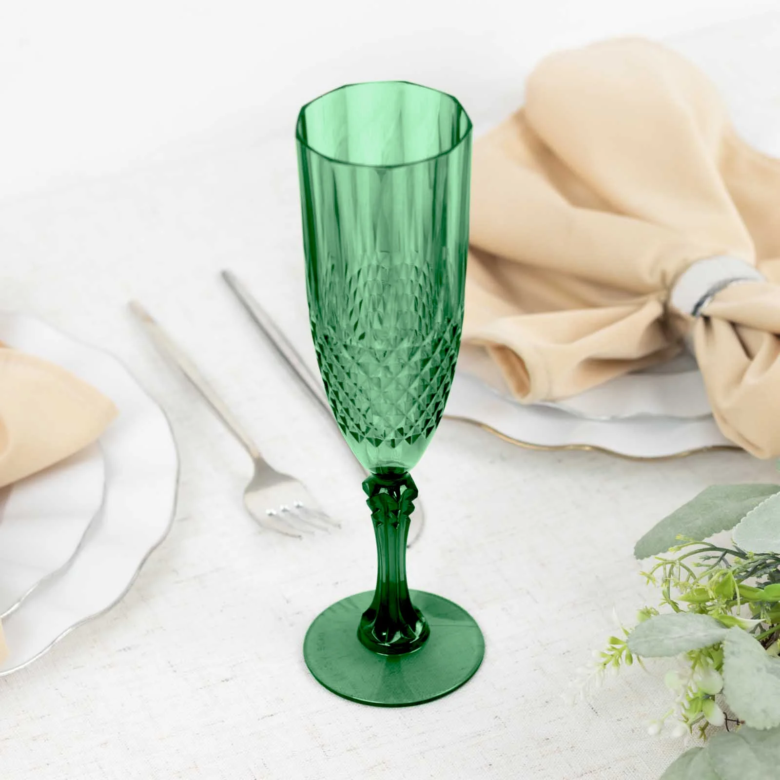 6-Pack Transparent Plastic Champagne Glasses 8oz, Crystal Cut Style Hunter Emerald Green - Shatterproof Wedding Toast Flutes - Image 8