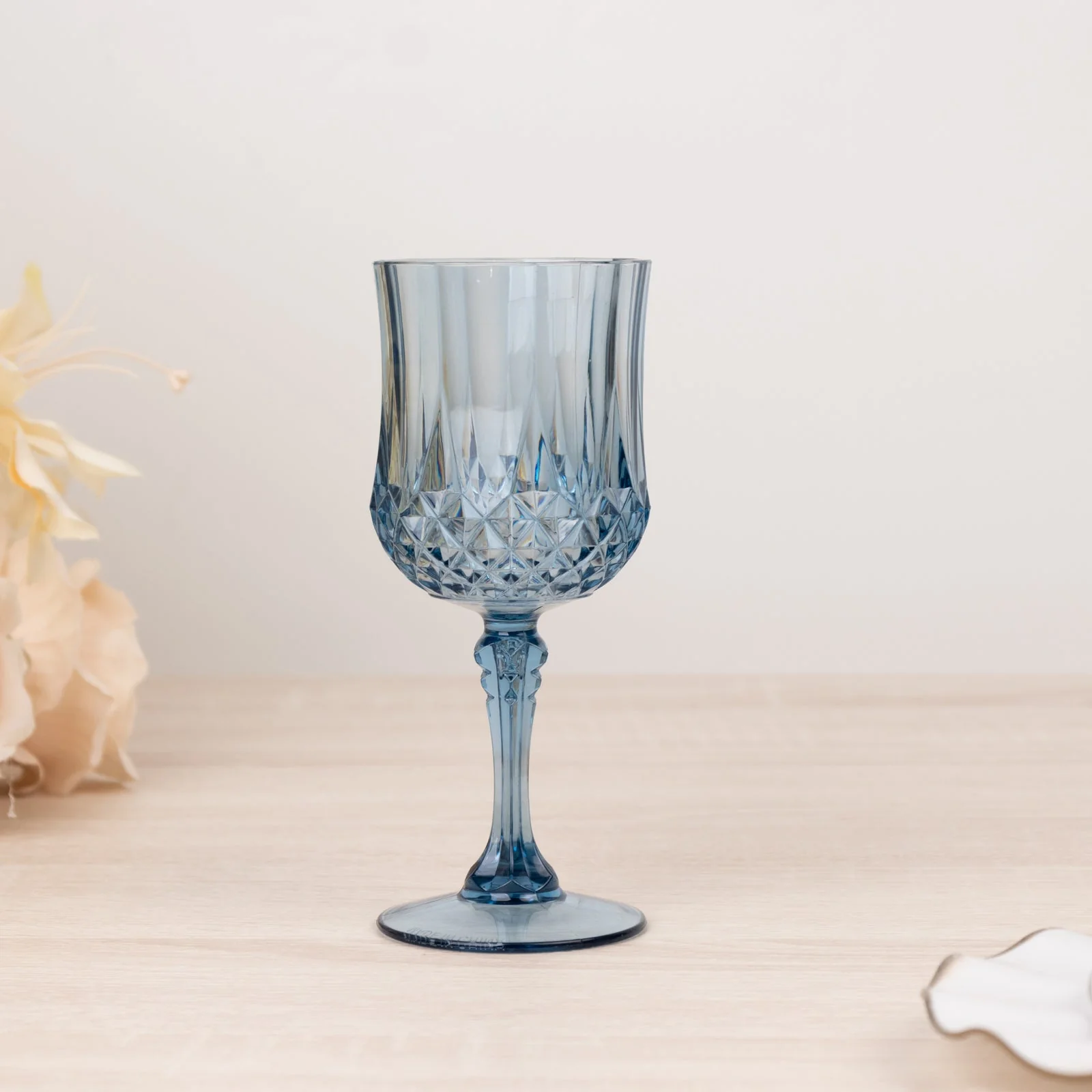 6-Pack Transparent Plastic Crystal Cut Wine Glasses 8oz, Dusty Blue - Shatterproof Cocktail Goblets