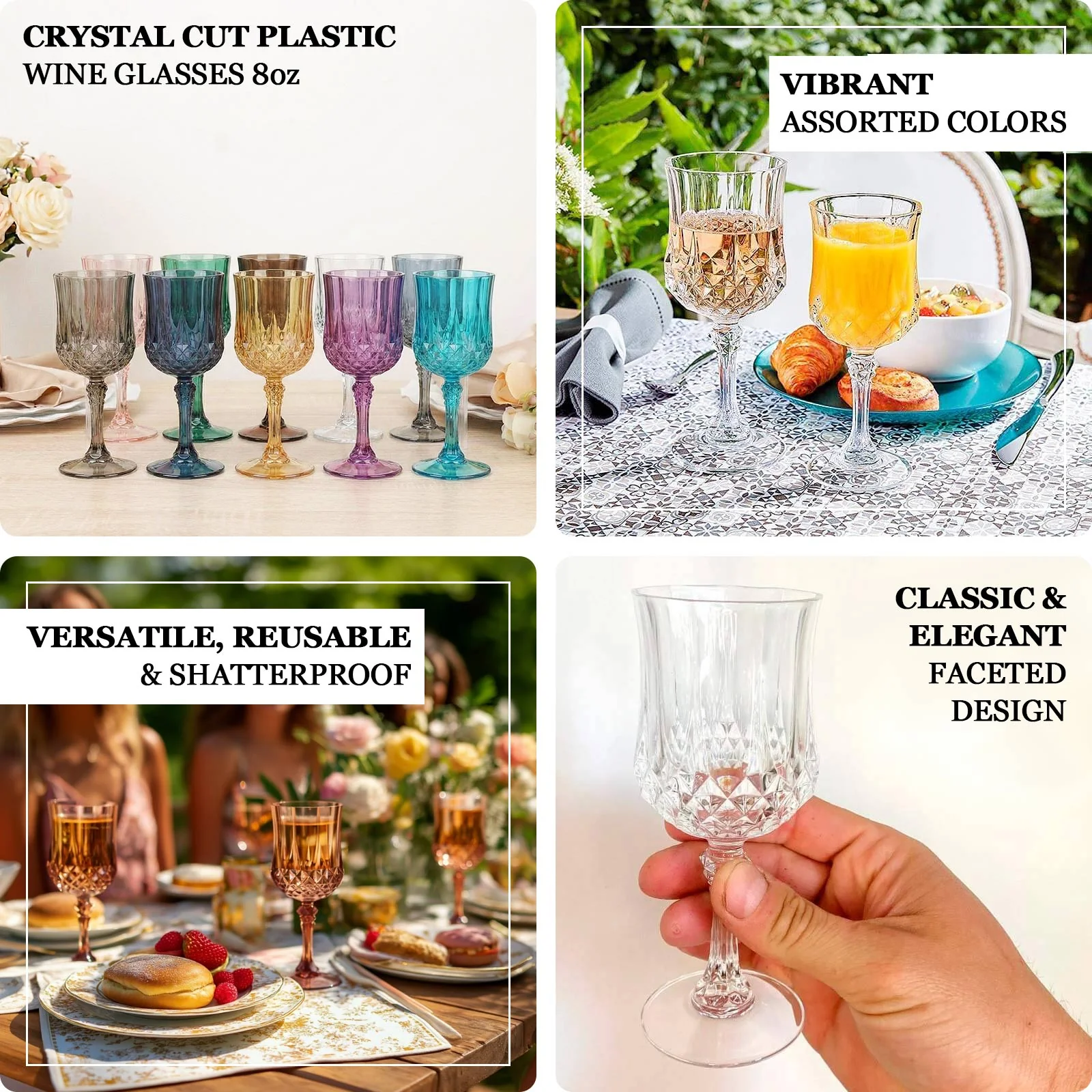 6-Pack Transparent Plastic Crystal Cut Wine Glasses 8oz, Dusty Rose - Shatterproof Cocktail Goblets - Image 5