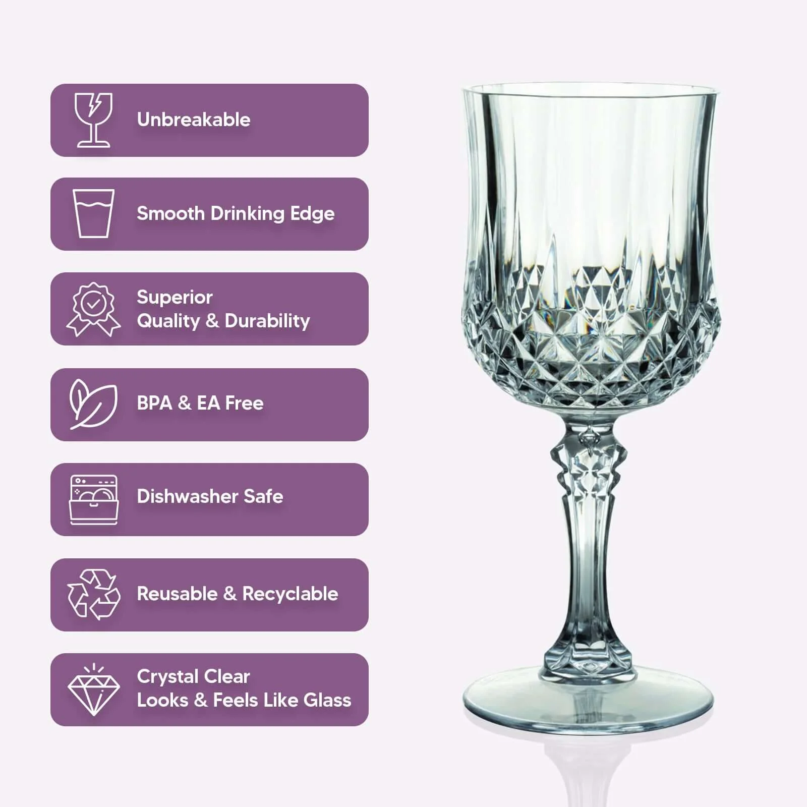 6-Pack Transparent Plastic Crystal Cut Wine Glasses 8oz, Green - Shatterproof Cocktail Goblets - Image 4