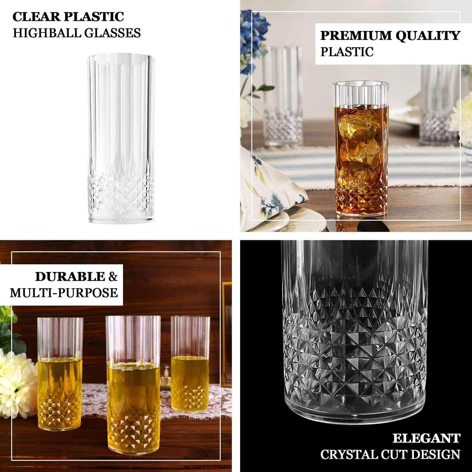 6-Pack Transparent Plastic Highball Drink Glasses 14oz, Crystal Cut Style Amber Gold - Shatterproof Tall Cocktail Tumblers - Image 5