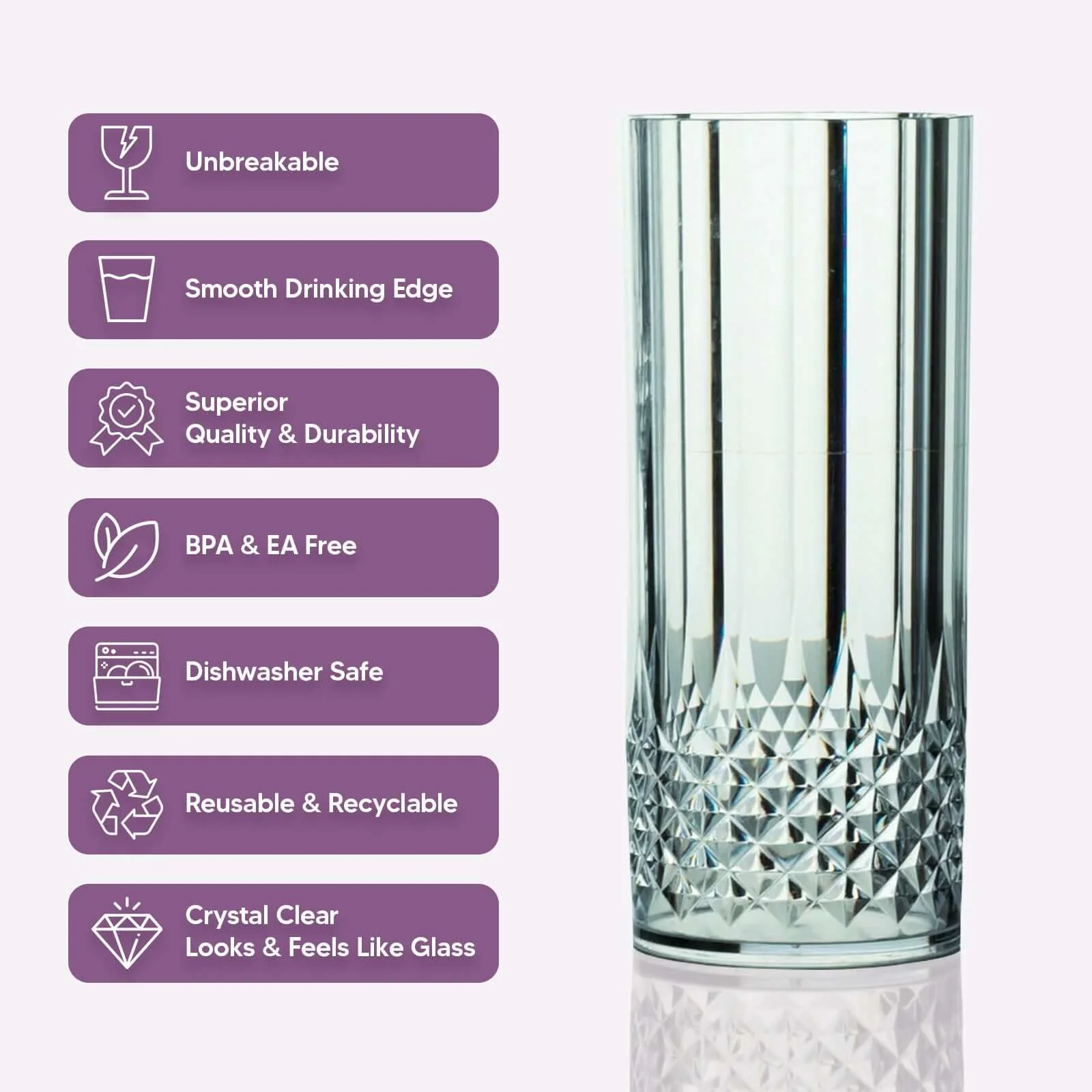 6-Pack Transparent Plastic Highball Drink Glasses 14oz, Crystal Cut Style Dusty Rose - Shatterproof Tall Cocktail Tumblers - Image 4
