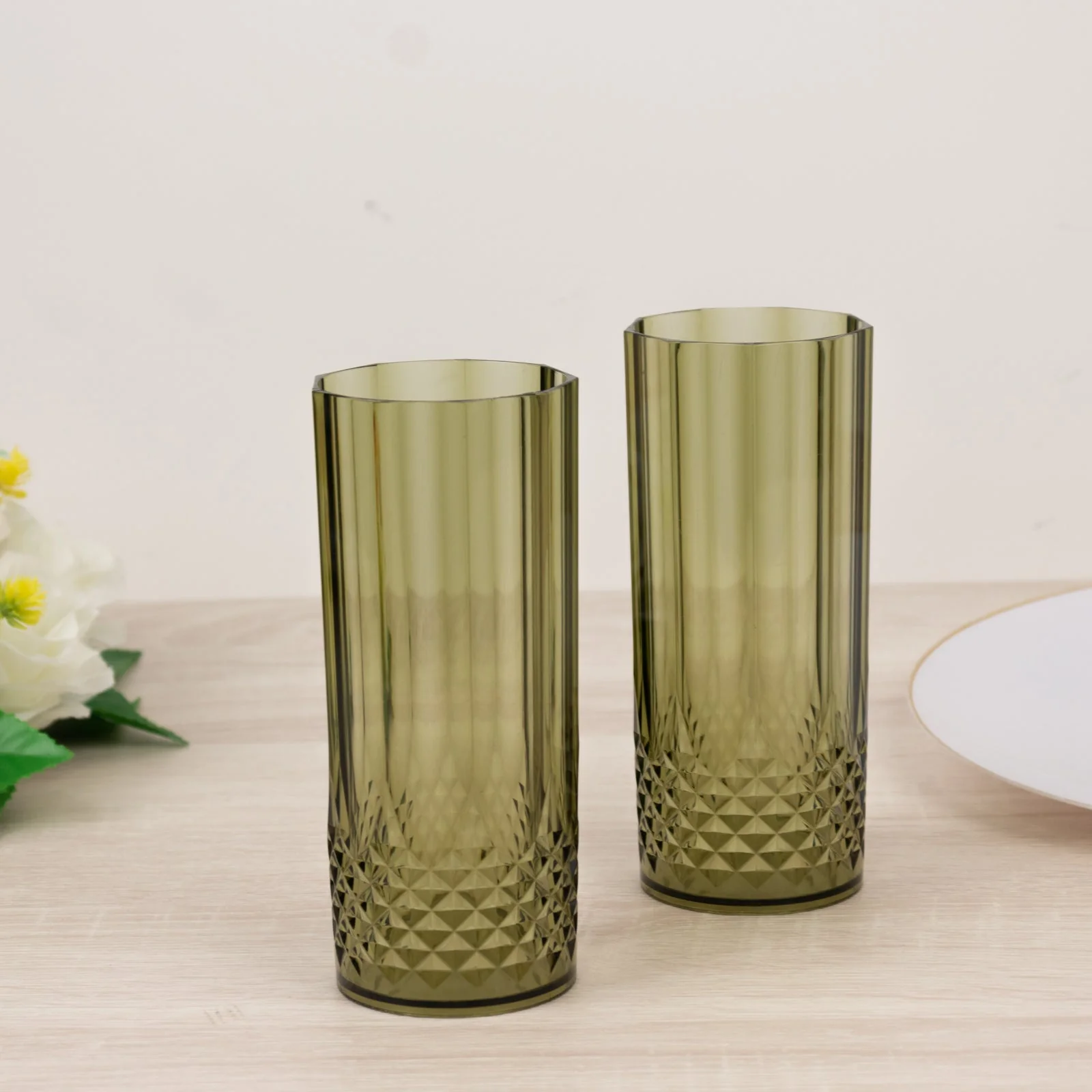 6-Pack Transparent Plastic Highball Drink Glasses 14oz, Crystal Cut Style Dusty Sage Green - Shatterproof Tall Cocktail Tumblers