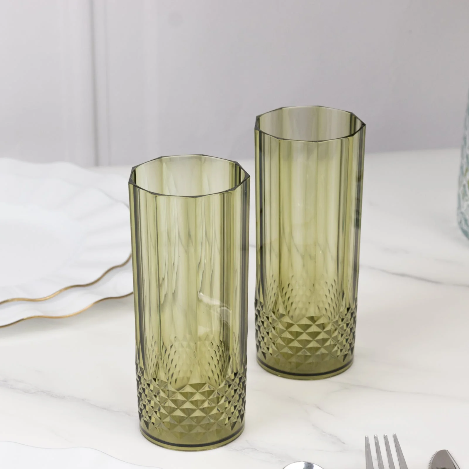 6-Pack Transparent Plastic Highball Drink Glasses 14oz, Crystal Cut Style Dusty Sage Green - Shatterproof Tall Cocktail Tumblers - Image 8