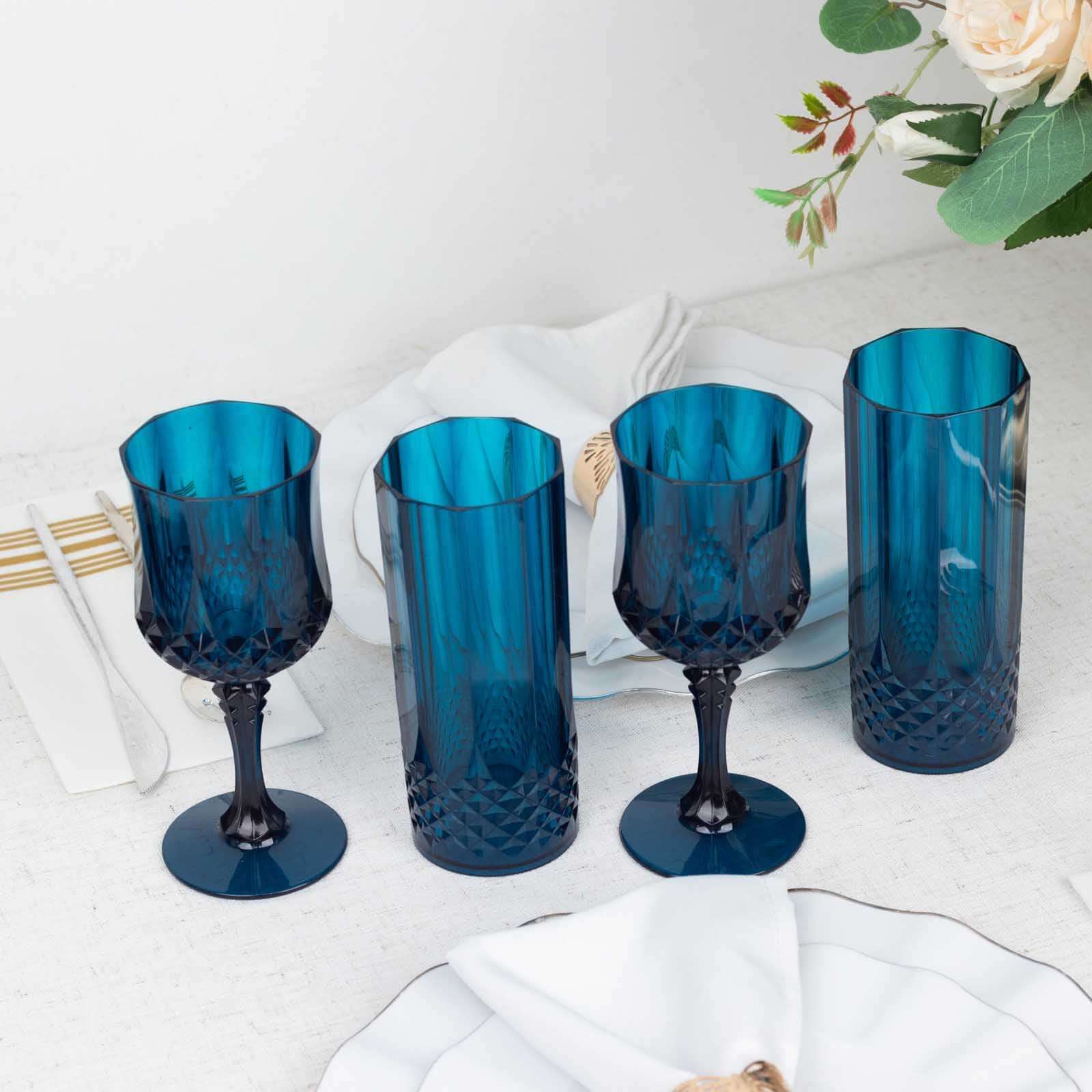 6-Pack Transparent Plastic Highball Drink Glasses 14oz, Crystal Cut Style Navy Blue - Shatterproof Tall Cocktail Tumblers - Image 2