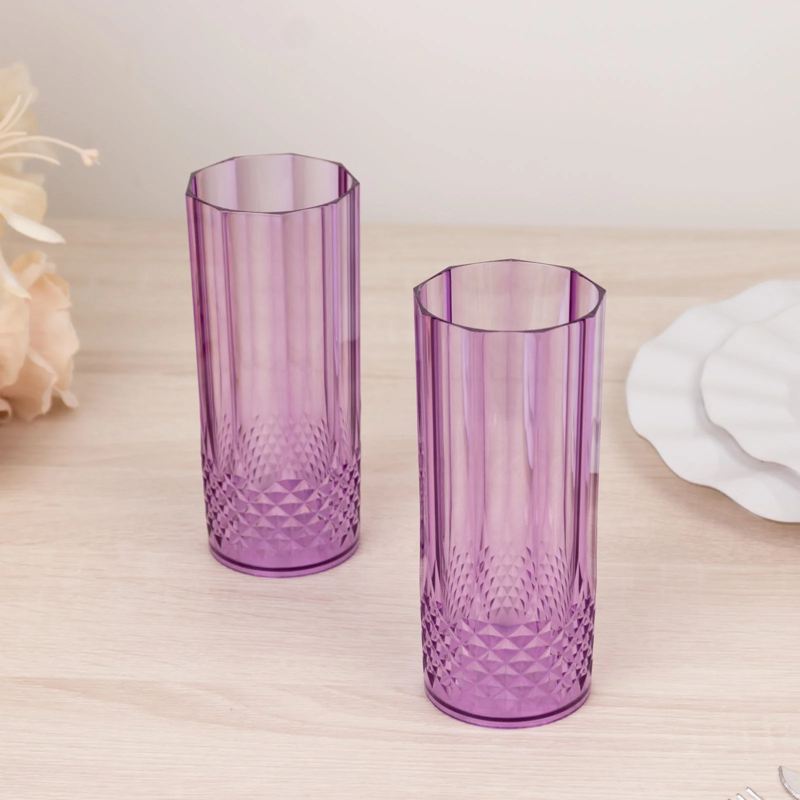 6-Pack Transparent Plastic Highball Drink Glasses 14oz, Crystal Cut Style Purple - Shatterproof Tall Cocktail Tumblers - Image 5