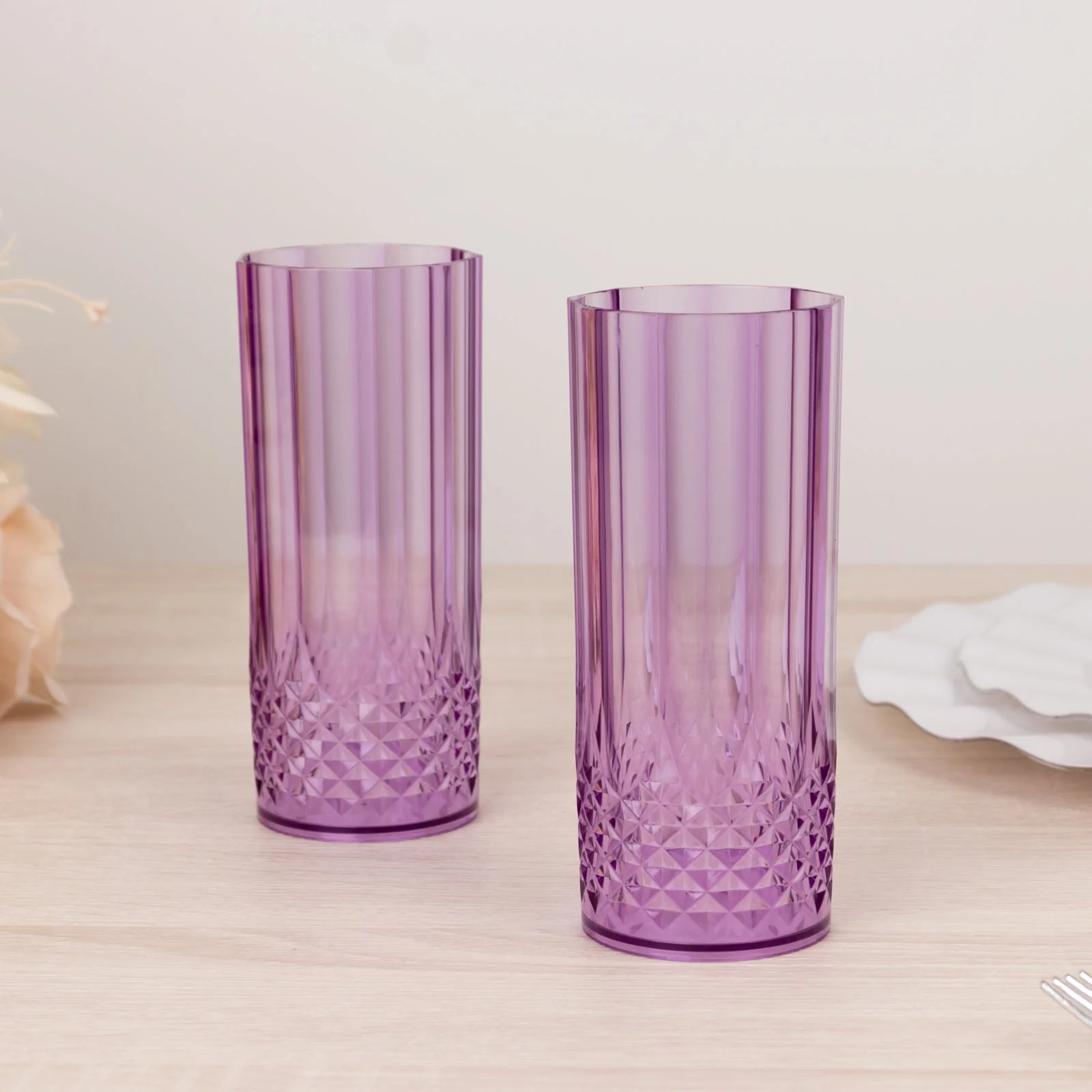 6-Pack Transparent Plastic Highball Drink Glasses 14oz, Crystal Cut Style Purple - Shatterproof Tall Cocktail Tumblers - Image 7