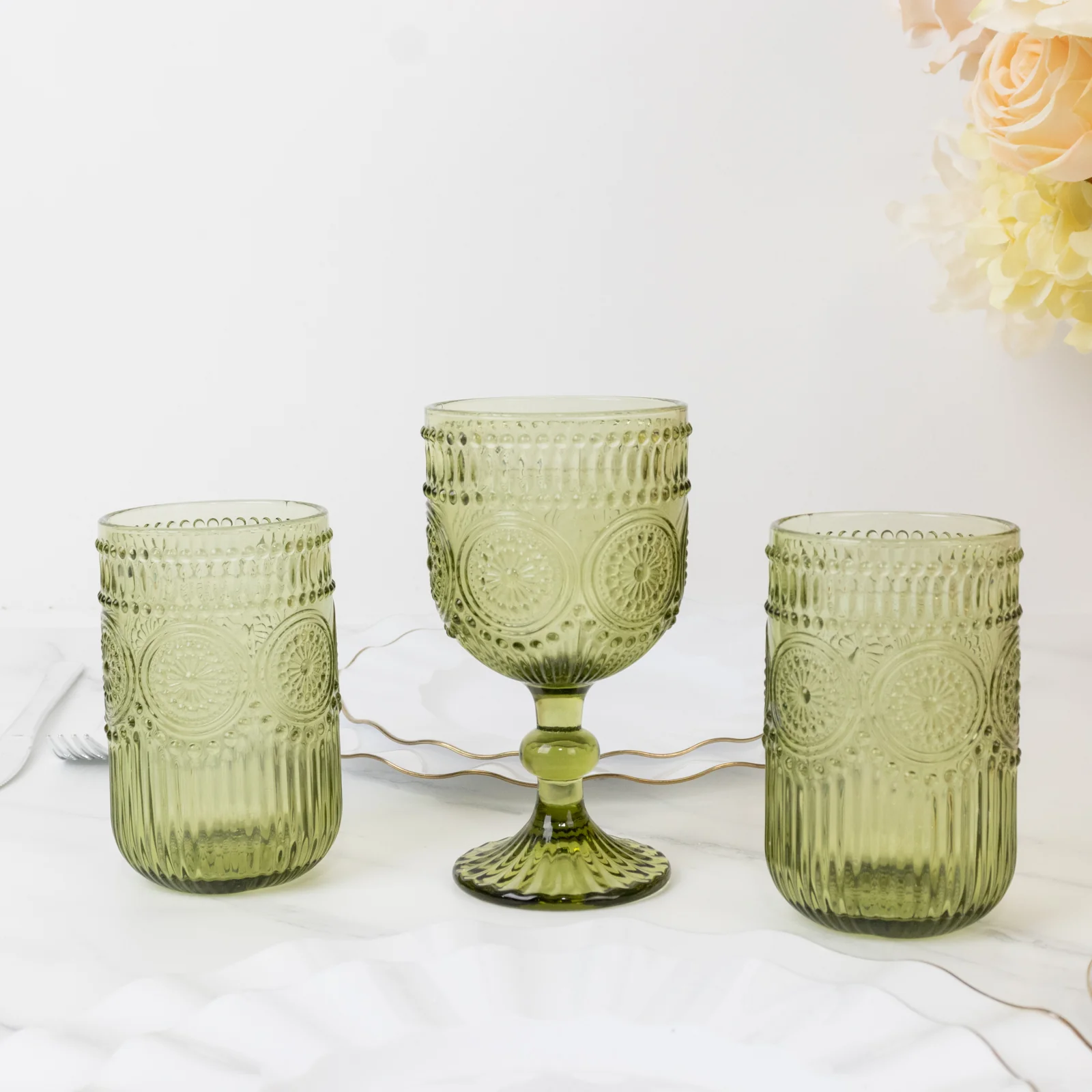 6-Pack Vintage Embossed Glass Tumblers 14oz Highball Design Dusty Sage Green - Textured Floral Pattern for Cocktails & Drinks - Image 6
