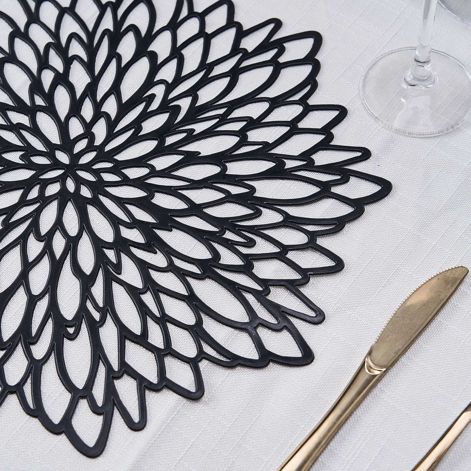 6-Pack Vinyl Dining Table Mats 15" Floral Round Design Black - Non-Slip Placemats - Image 2