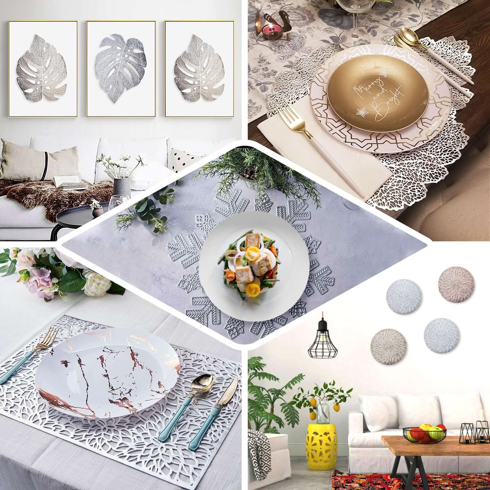 6-Pack Vinyl Dining Table Mats 15" Floral Round Design Black - Non-Slip Placemats - Image 5