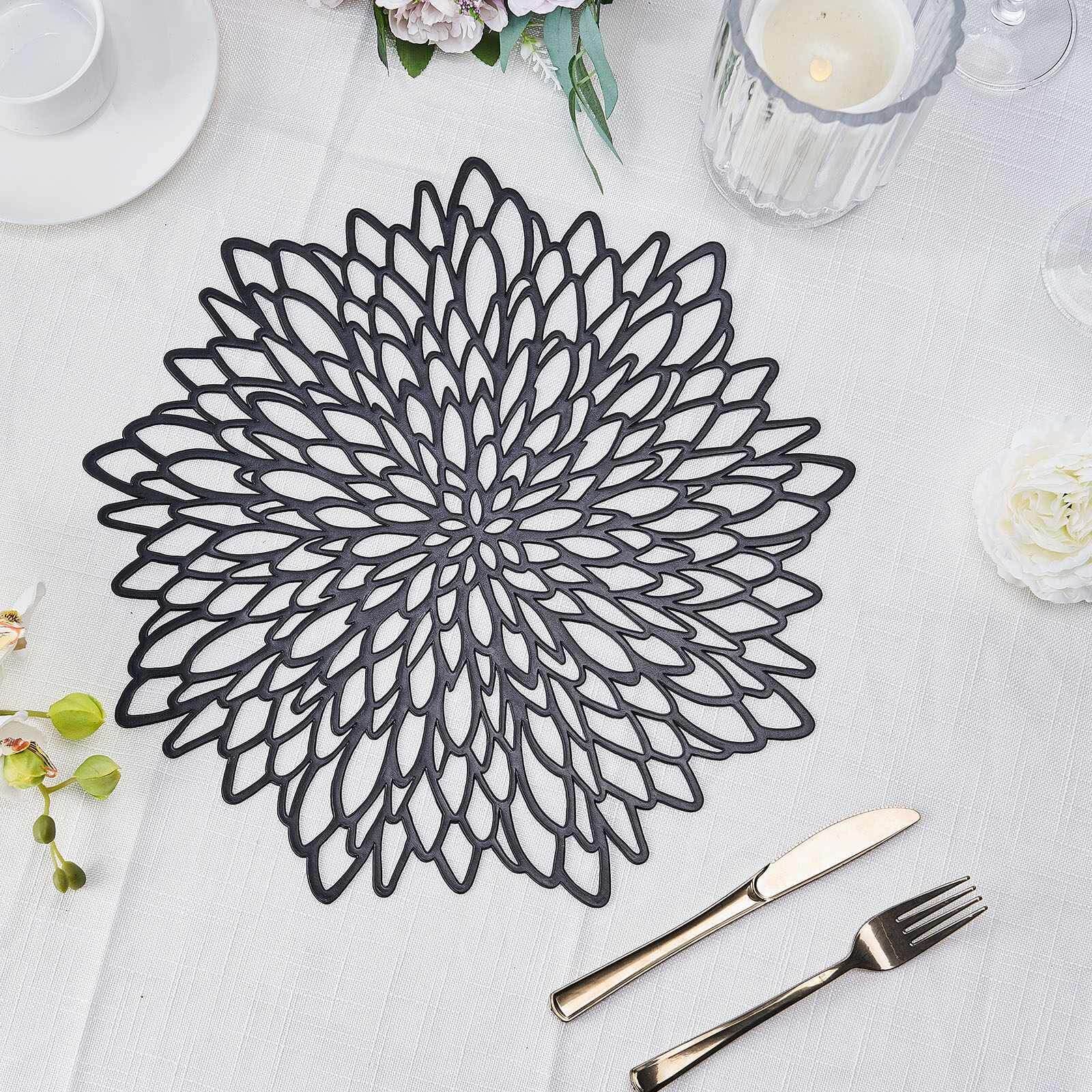 6-Pack Vinyl Dining Table Mats 15" Floral Round Design Black - Non-Slip Placemats - Image 8