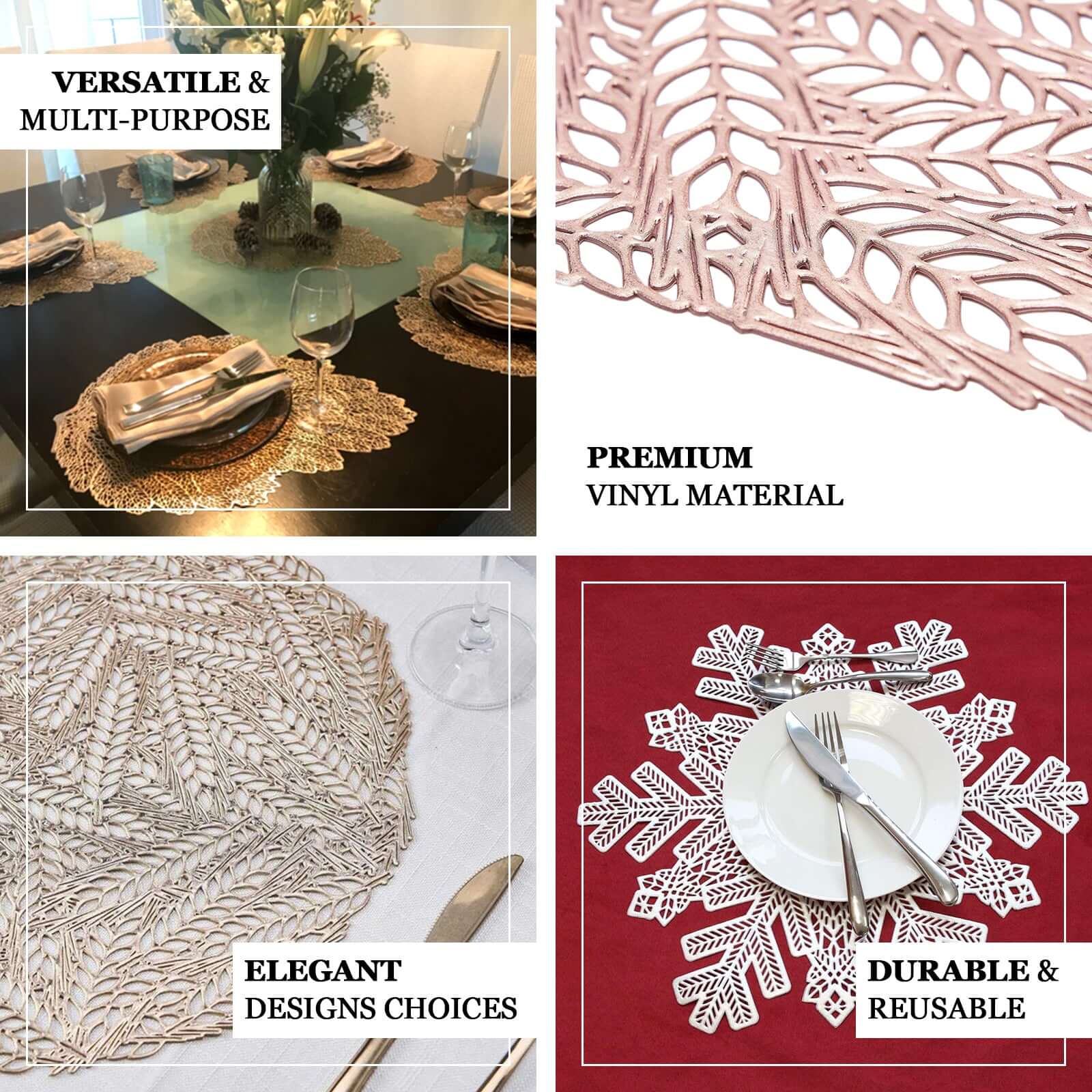 6-Pack Vinyl Dining Table Mats 15" Floral Round Design Rose Gold - Non-Slip Placemats - Image 4