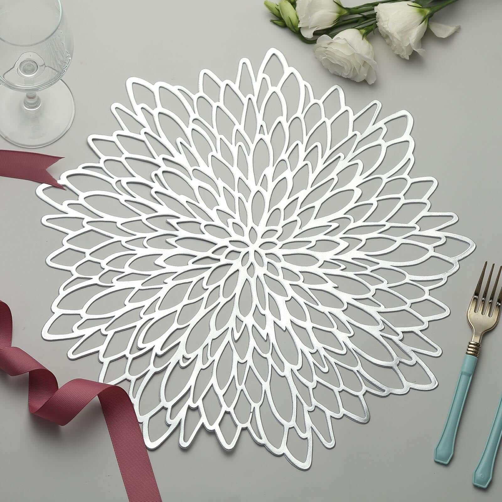 6-Pack Vinyl Dining Table Mats 15" Floral Round Design Silver - Non-Slip Placemats - Image 2