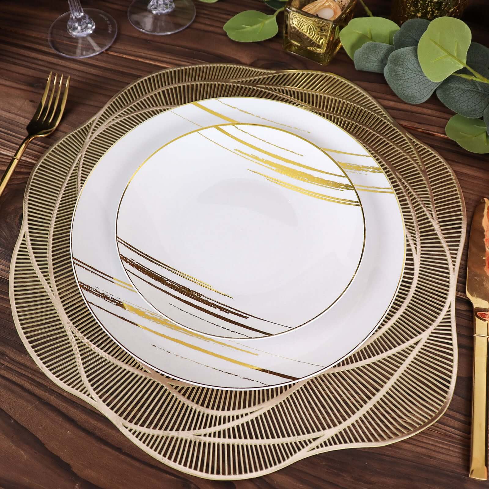6-Pack Vinyl Dining Table Mats 15" Rose Flower Round Design Metallic Gold - Washable Non-Slip Surface - Image 2