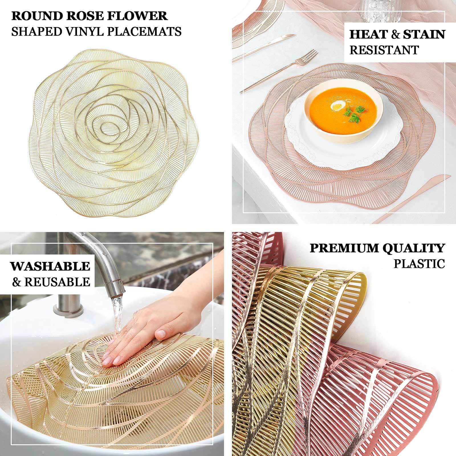 6-Pack Vinyl Dining Table Mats 15" Rose Flower Round Design Metallic Gold - Washable Non-Slip Surface - Image 4